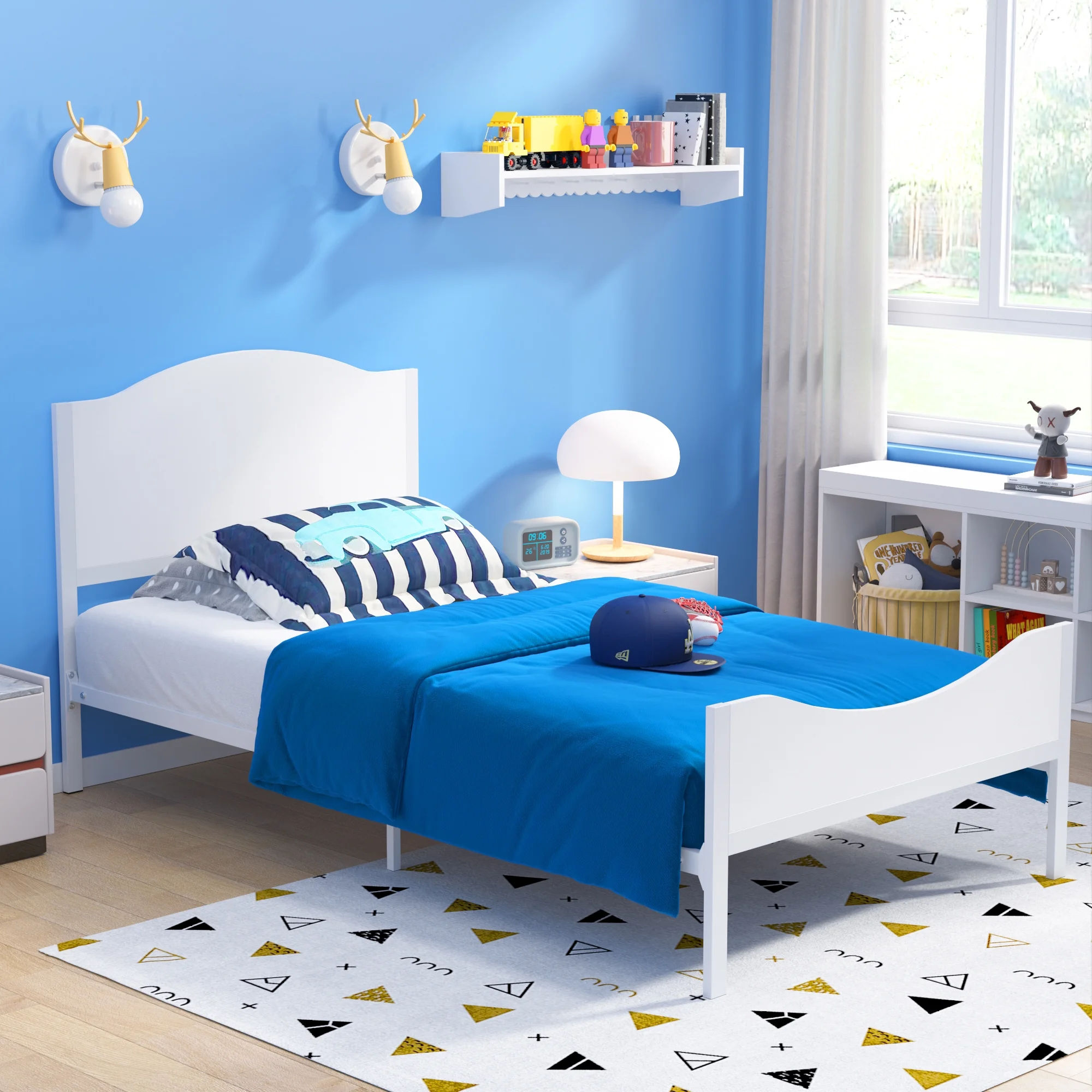 Yoneston Twin Kids Metal Platform Bed Frame with Wood Headboard for Children, Teens & Adults, No Box Spring Needed, White
