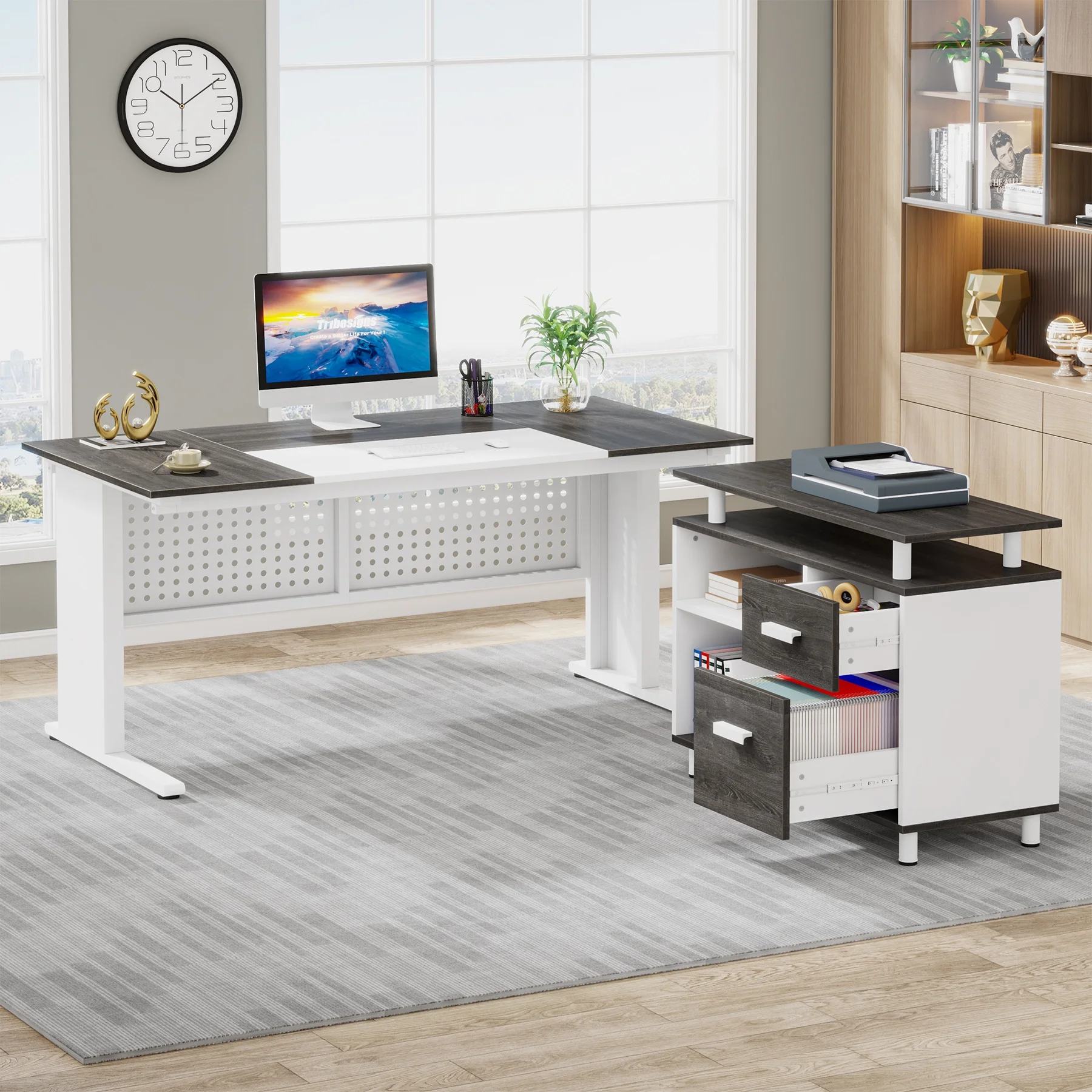 Tribesigns 63 Inch Executive Desk with File Cabinet, Large Office Desk L Shaped Computer Desk with Drawers and Storage Shelves, Business Furniture Desk Workstation for Home Office, Brown and Black