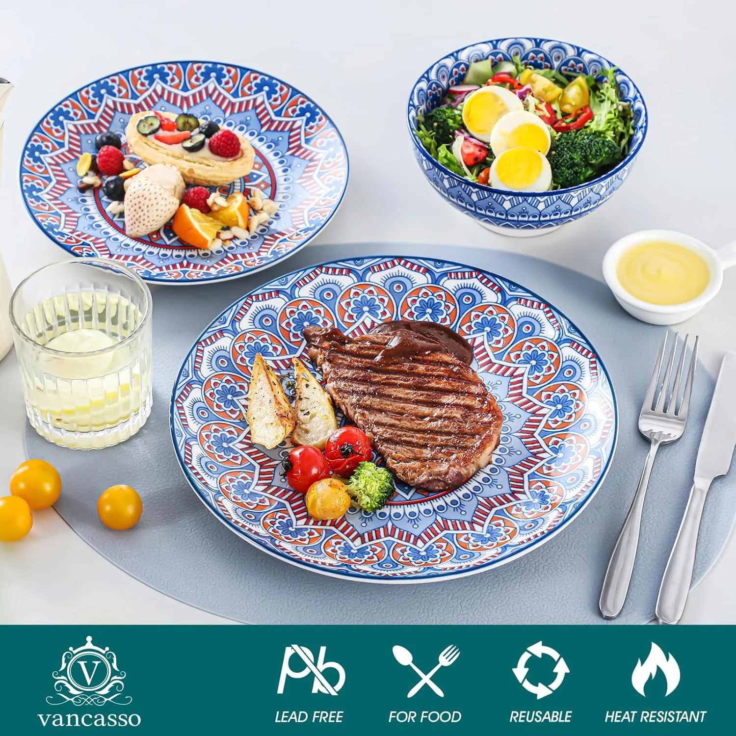 Mandala12 Pieces Dinnerware Sets, Porcelain Dinner Set for 4, Boho Plates and Bowls Set, Colorful Dish Sets