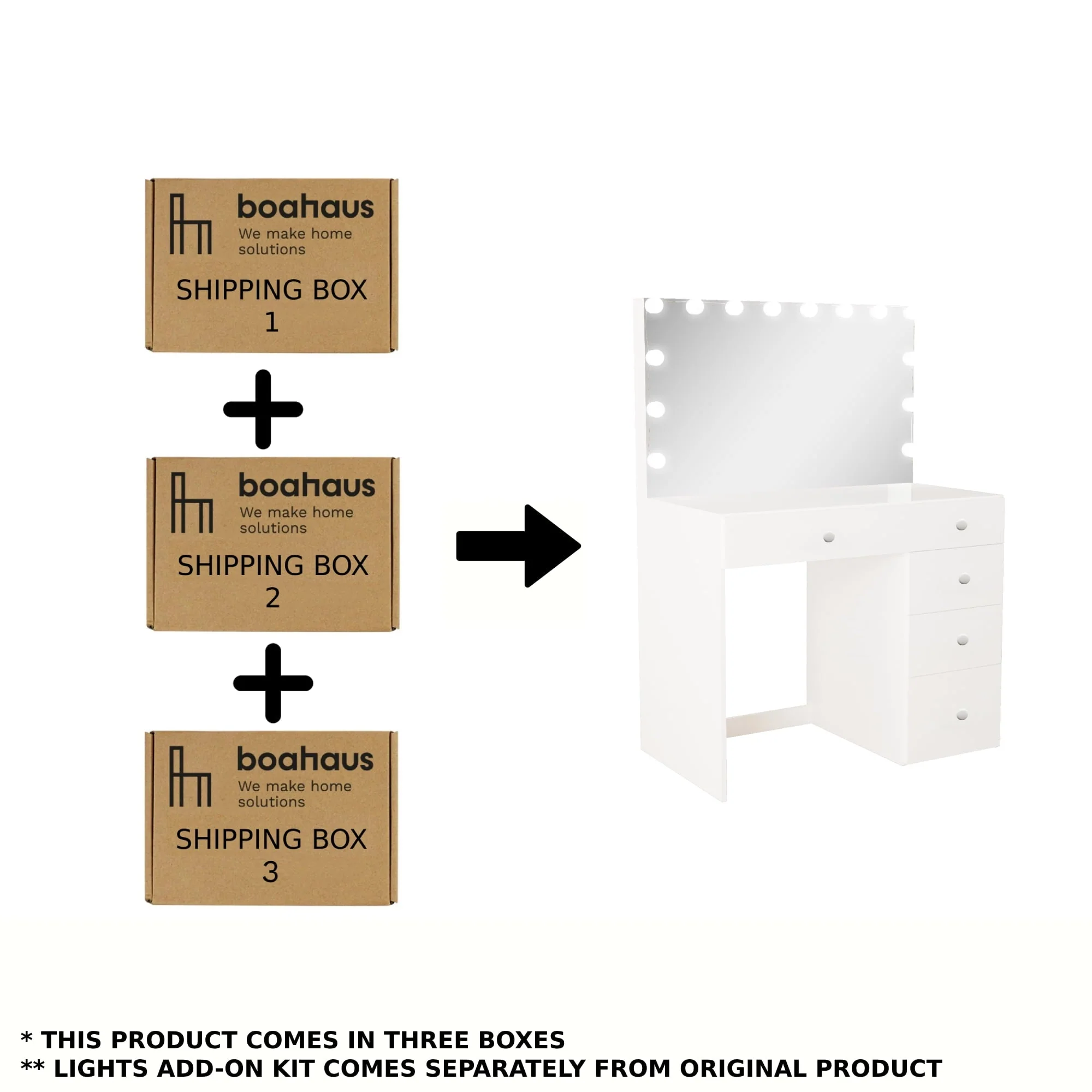 Boahaus Saranya Modern Vanity Desk with Light Bulbs, 5 Drawers, White