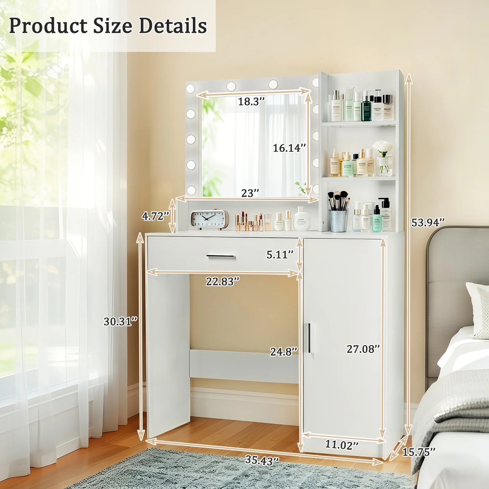 Vanity Desk with Mirror and Lights, Makeup Vanity with Drawer & Storage Cabinet, 3 Lighting Modes Adjustable Brightness, Makeup Desk with Open Shelves for Bedroom, Dressing Room, White