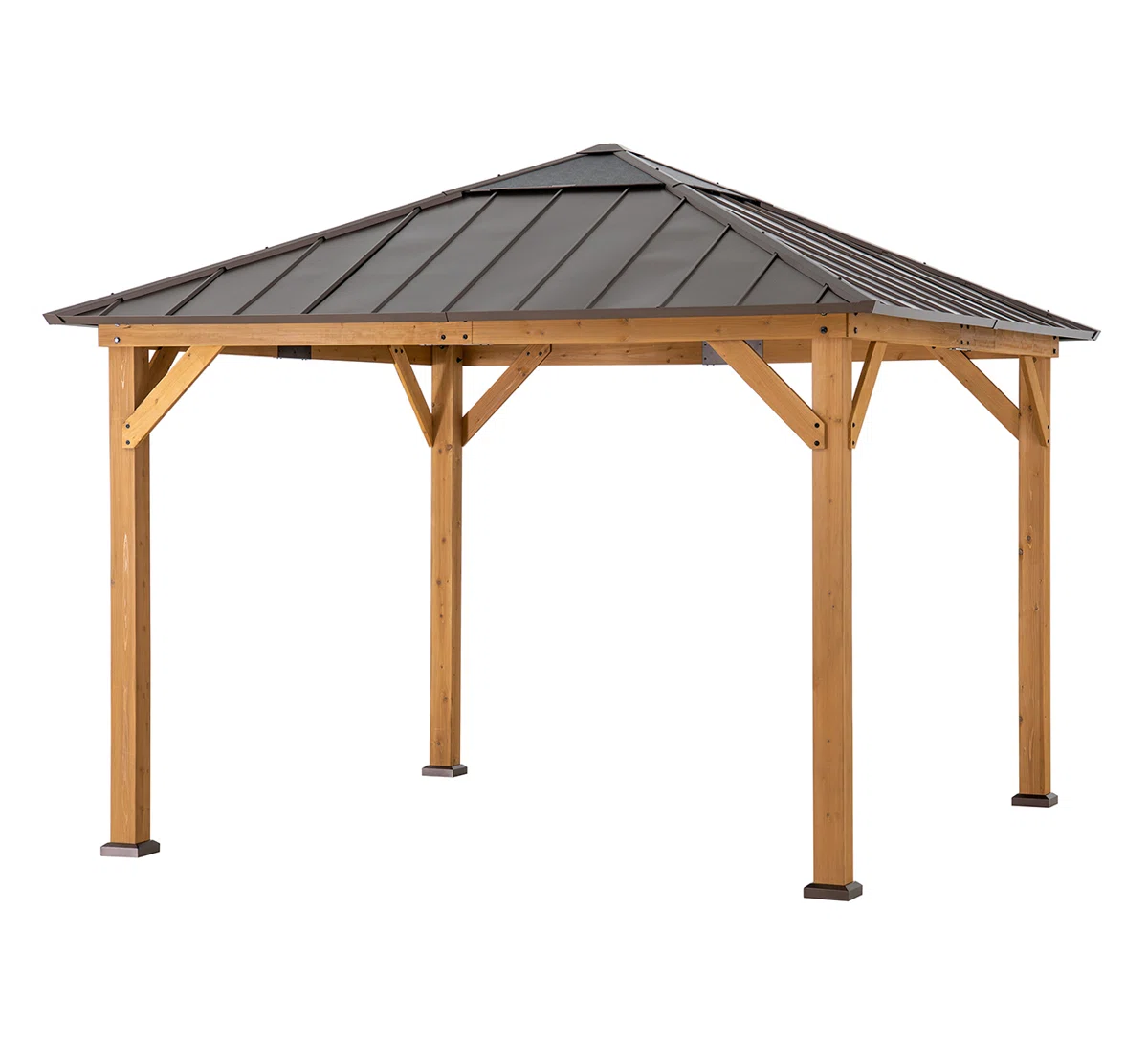 Sunjoy Hardtop Gazebo 11 x 11 ft. Cedar Framed Wood Gazebo with Brown Steel and Polycarbonate Hip Roof Hardtop for Garden. Backyard Shade