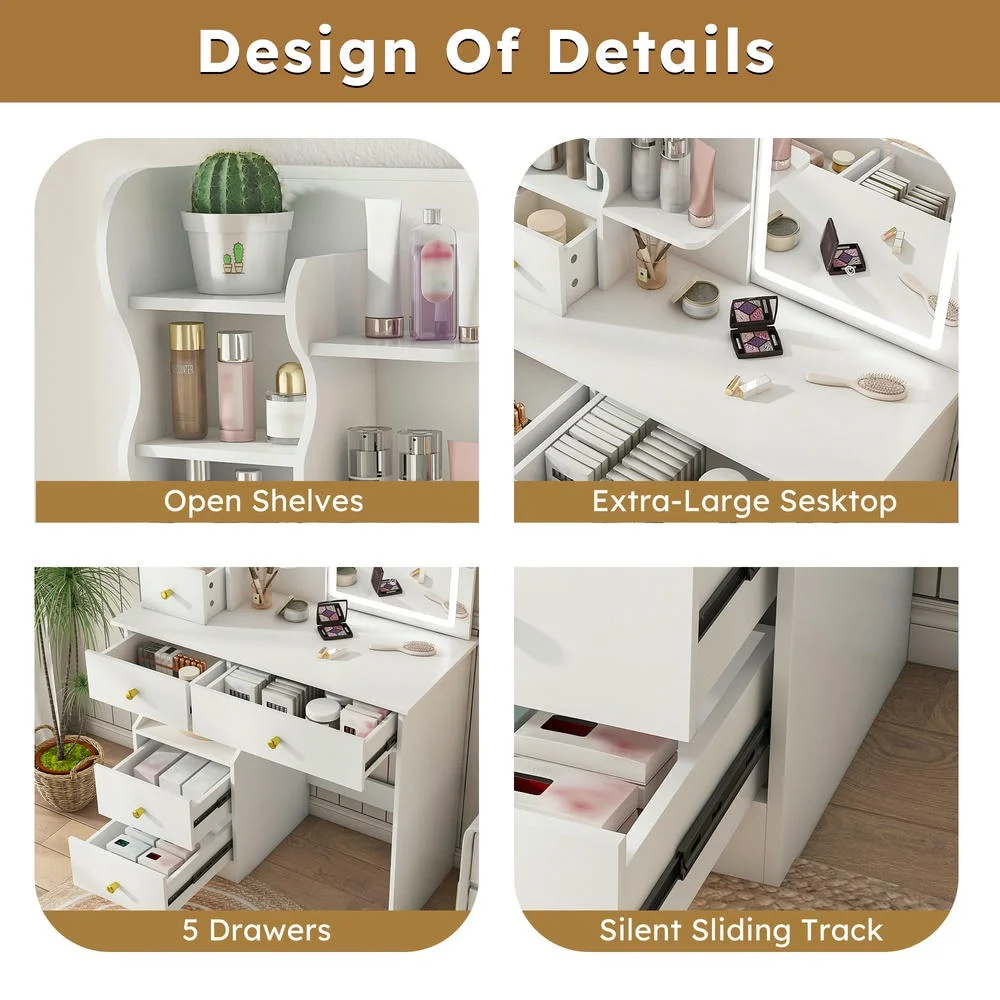 Kadyn Vanity Desk with Lighted Mirror, Vanity Table and Chair Set with 2 Drawers, Dressing Table Makeup Desk with 1 Door, Retro Gray