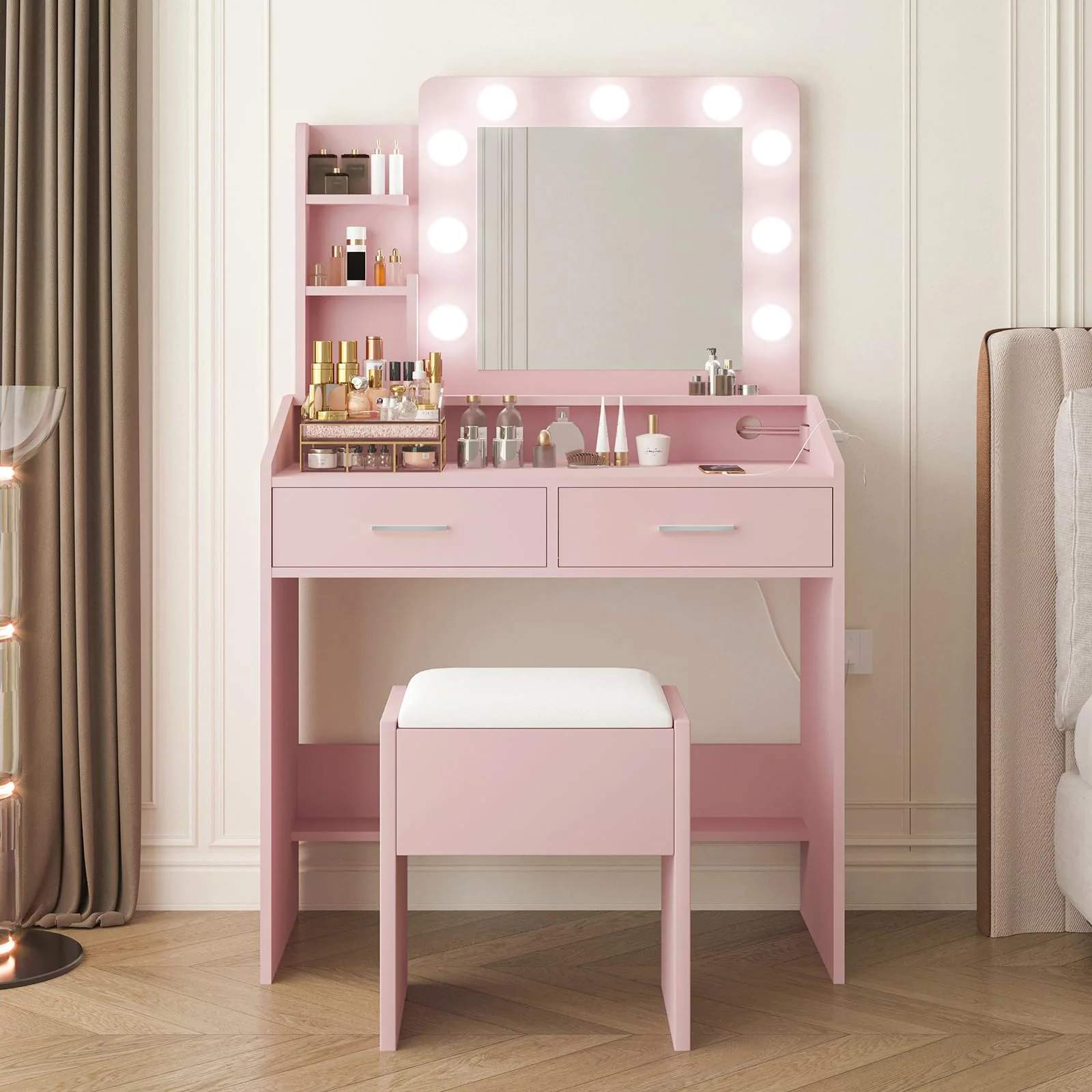 Yeshouse Vanity Desk with Mirror and Lights, White Makeup Vanity with 2 Drawers, 3 Light Mode and Brightness Adjusted, Makeup Table for Bedroom, Desk and Chair