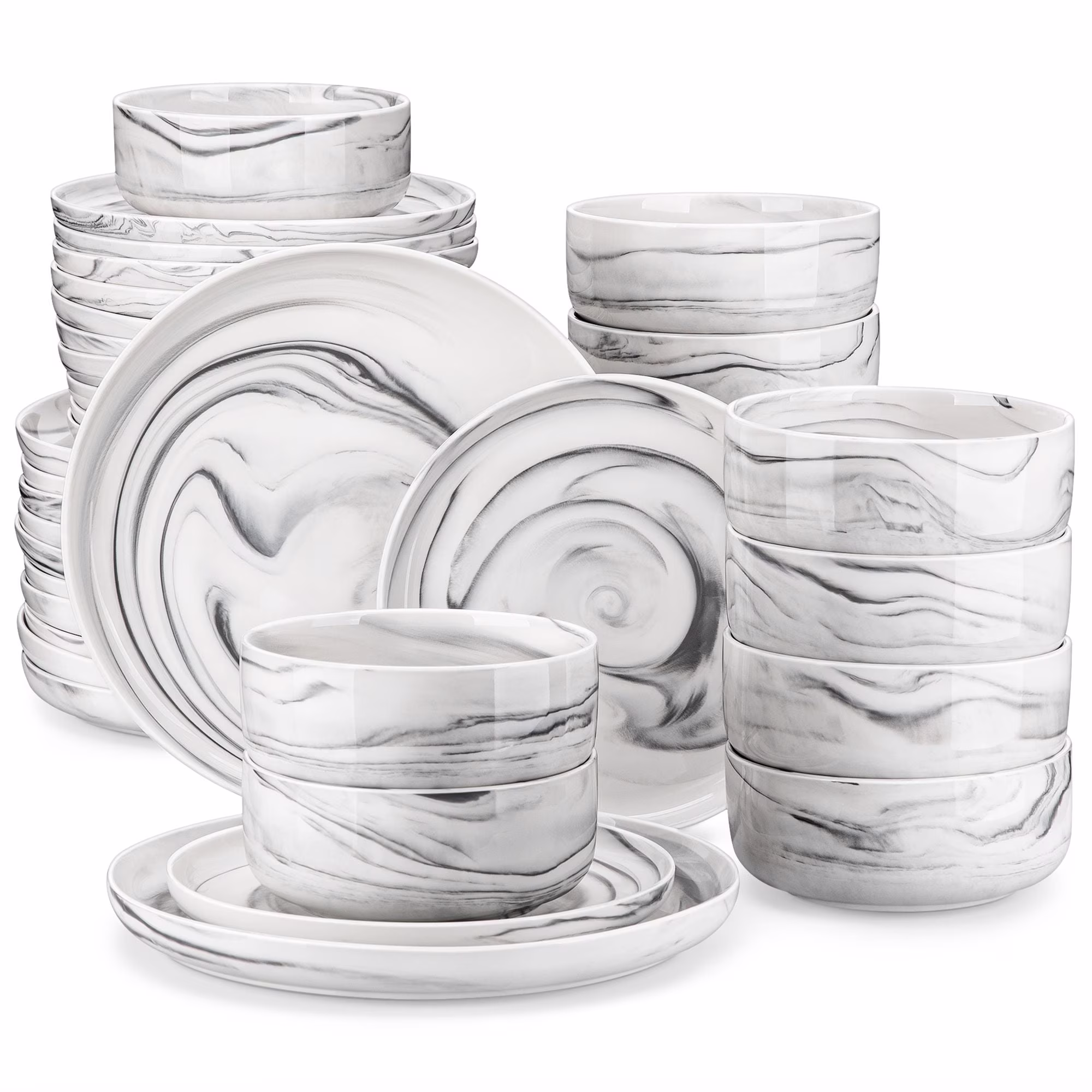 vancasso 36 Pieces Dinnerware Sets, Plates and Bowls Set for 8, Porcelain Dinner Set, White with Black Rim