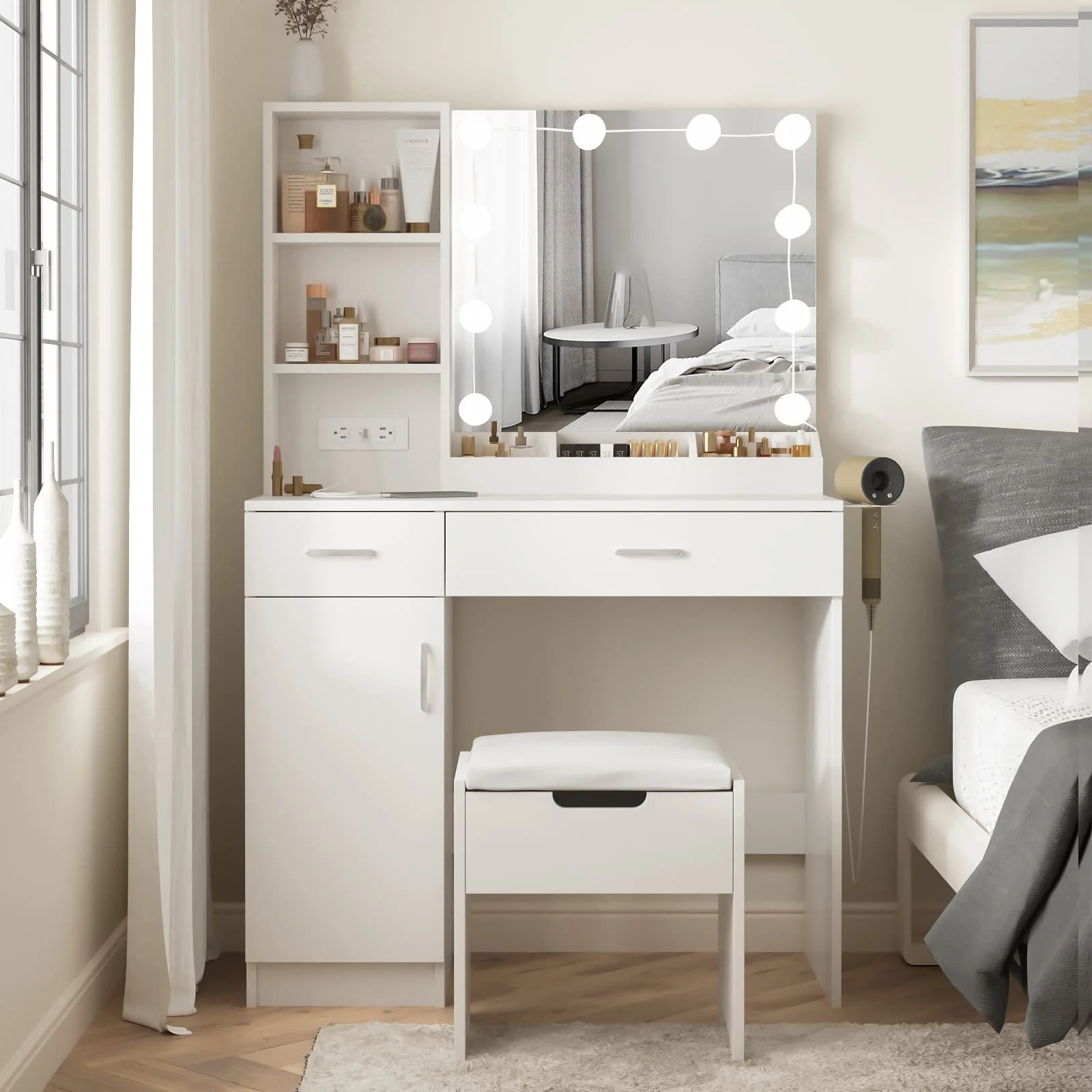 Veanerwood Makeup Vanity Desk with Lighted Mirror & Power Strip, Girls Dressing Table with Storage Shelves, White