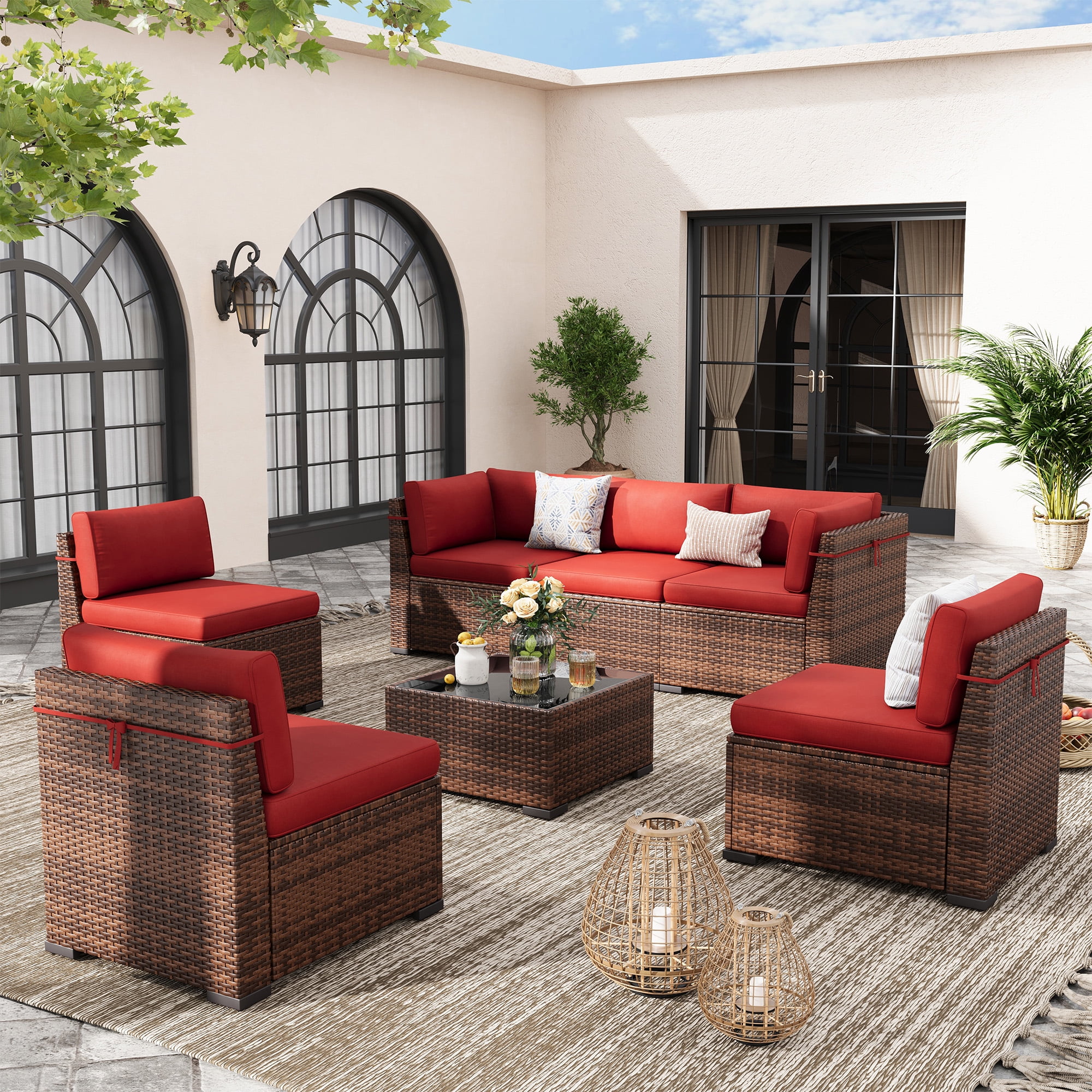 Poteban 7 Pieces Outdoor Sectional Sofa Set , PE Wicker Rattan Slanted Back Outdoor Conversation with Cushions and Glass Coffee Table for Backyard Garden, Dark Gray