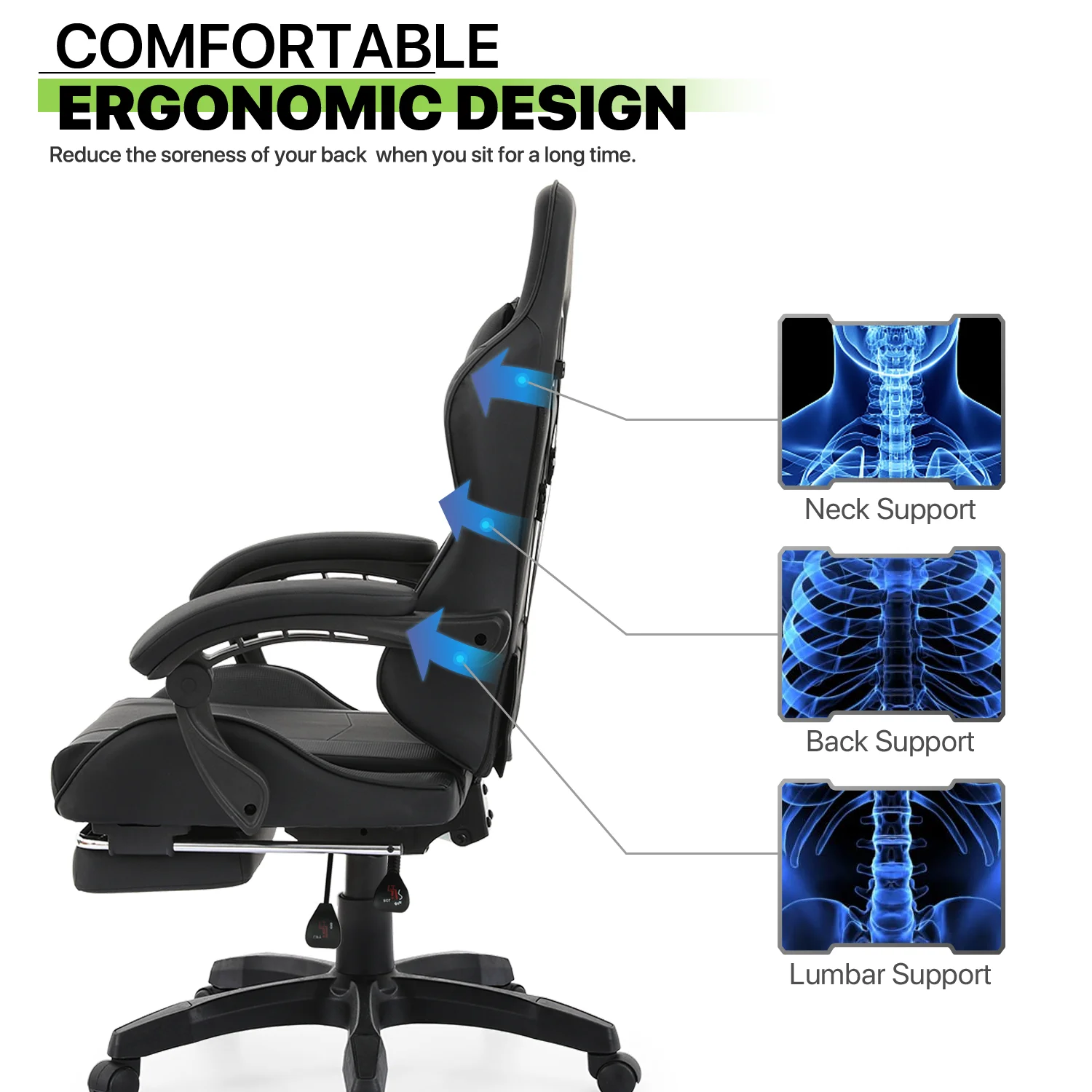 Magshion Adjustable Gaming Chair, Ergonomic PC Computer Seat with Headrest and Lumbar Support for Adults Teens Desk Chair, Black