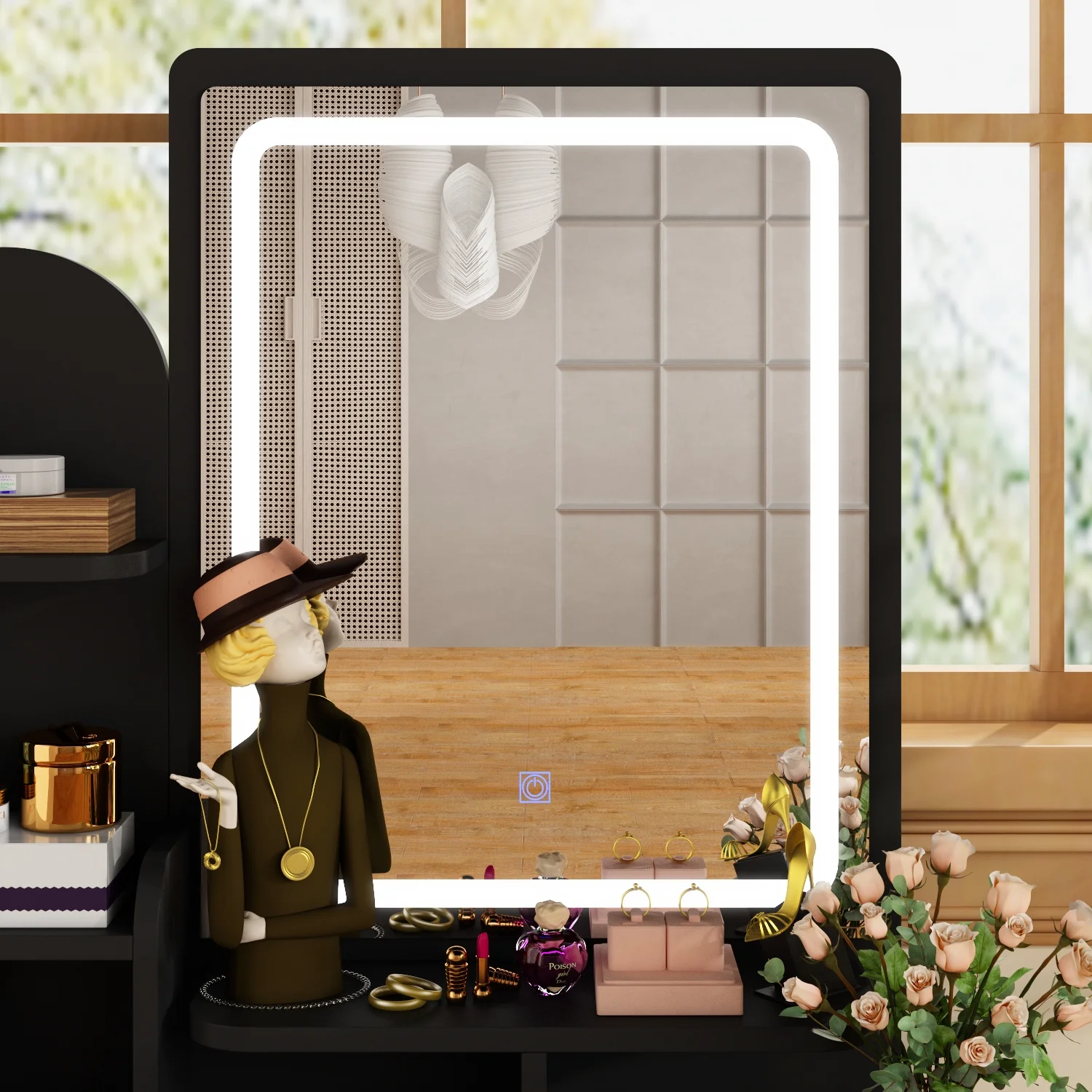 MONSLIPA Makeup Vanity Desk Set w/ Light, Sturdy Dressing Vanity Table with Bench, Shelves & Drawers