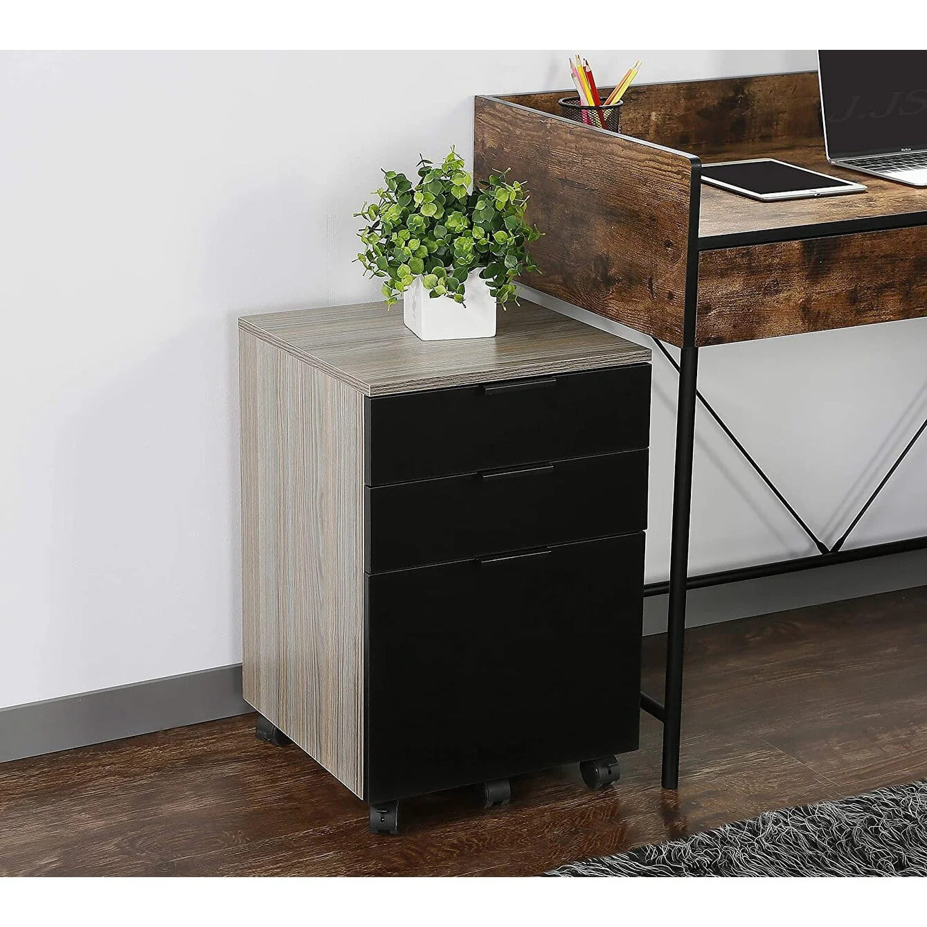 JJS 3 Drawer Rolling Wood File Cabinet with Locking Wheels for A4 or Letter Size Brown Drawer