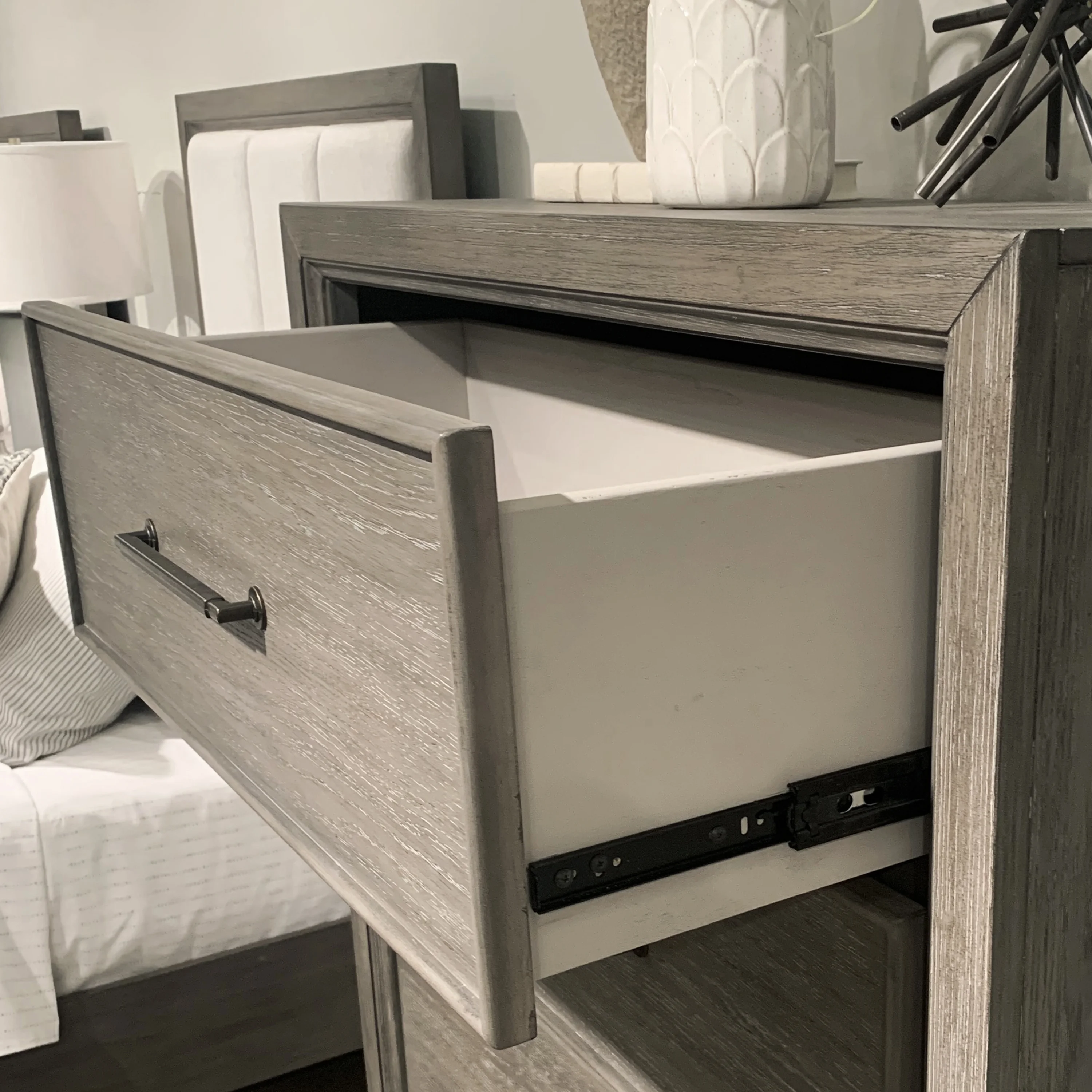 Ennesley Gray Wood Bedroom Set with Upholstered Panel King Bed, Dresser, Mirror, 2 Nightstand, and Chest