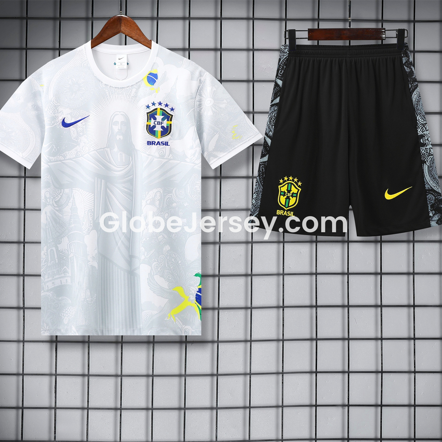Brazil 25-26 White Jesus Statue Short-Sleeve Training Set - White Top & Black Shorts