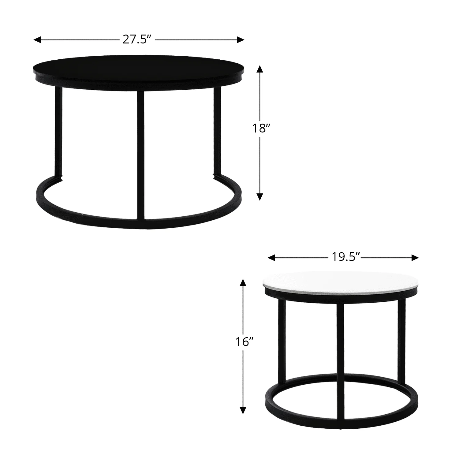 2 Round Tea Table Coffee Table Desk Sets | Black & White - Twin Sets Multi Function Wood & Steel Living Room Home Decor Polished Surface Overlapping Ending Tables Cocktail Table