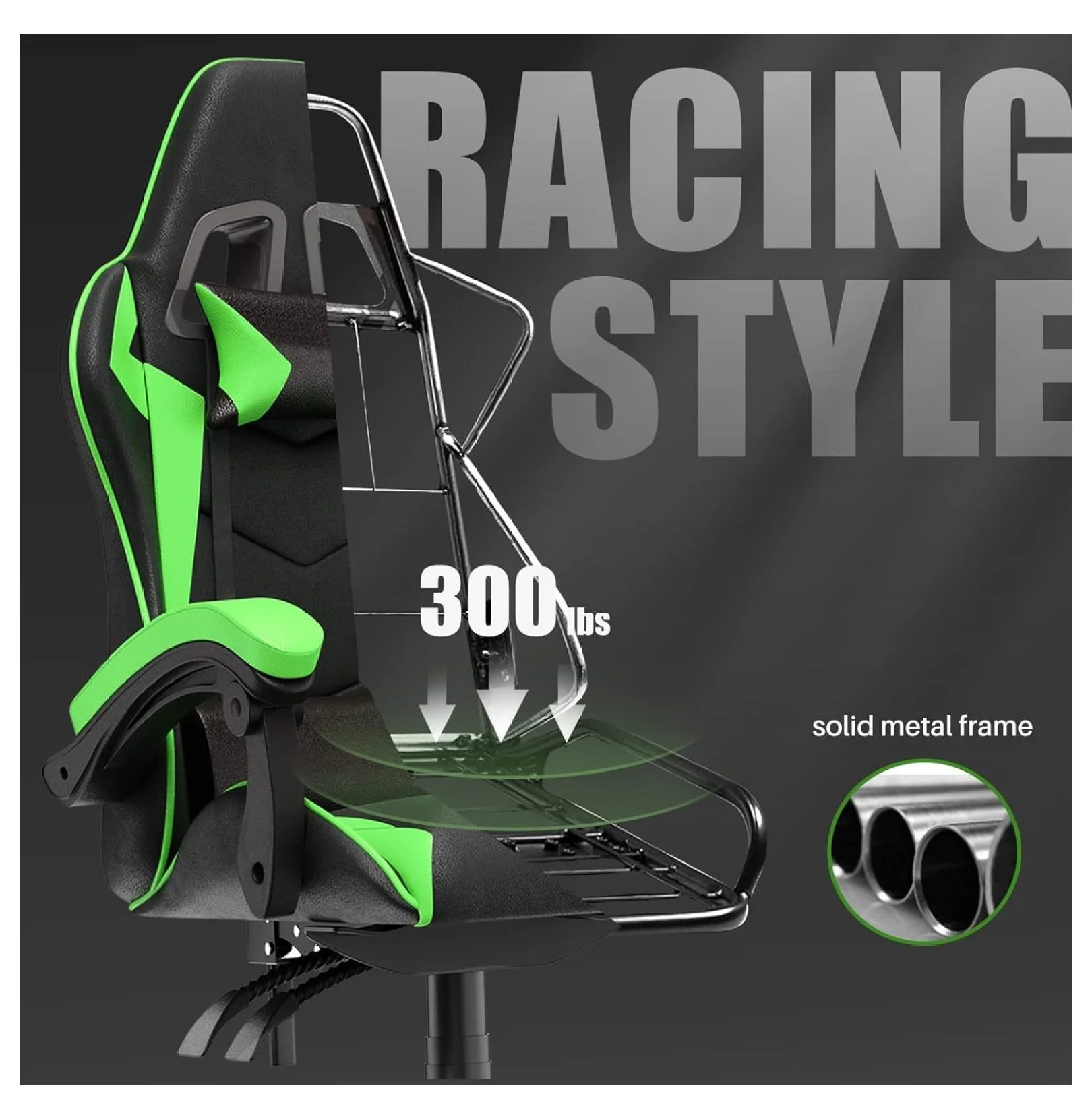 Gaming Chair Office Chair, Reclining High Back PU Leather Computer Desk Chair with Headrest and Lumbar Support, Adjustable Swivel Rolling Video Game Chairs Ergonomic Racing Chair, Green