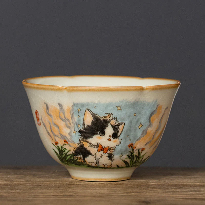 Buddha Stones Cute Bow Tie Cat Teacup Kung Fu Tea Cup