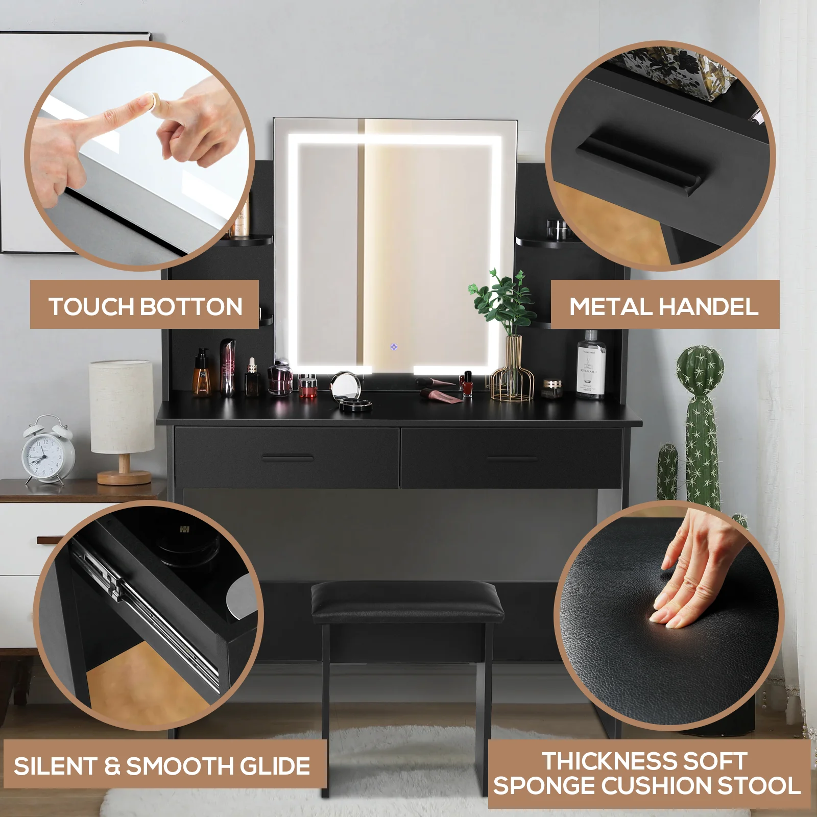 RichYa Modern Makeup Vanity Set with Lights Mirror and Drawers,White Makeup Desk,Dressing Table