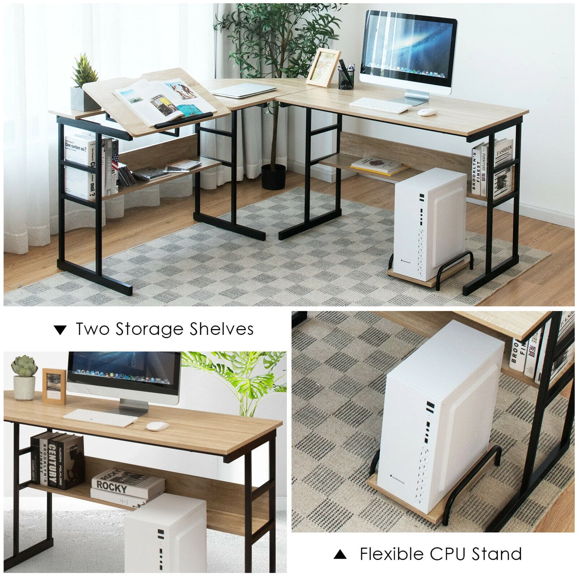 Gymax L-Shaped Computer Desk Drafting Table Workstation w/ Tiltable Tabletop Natural