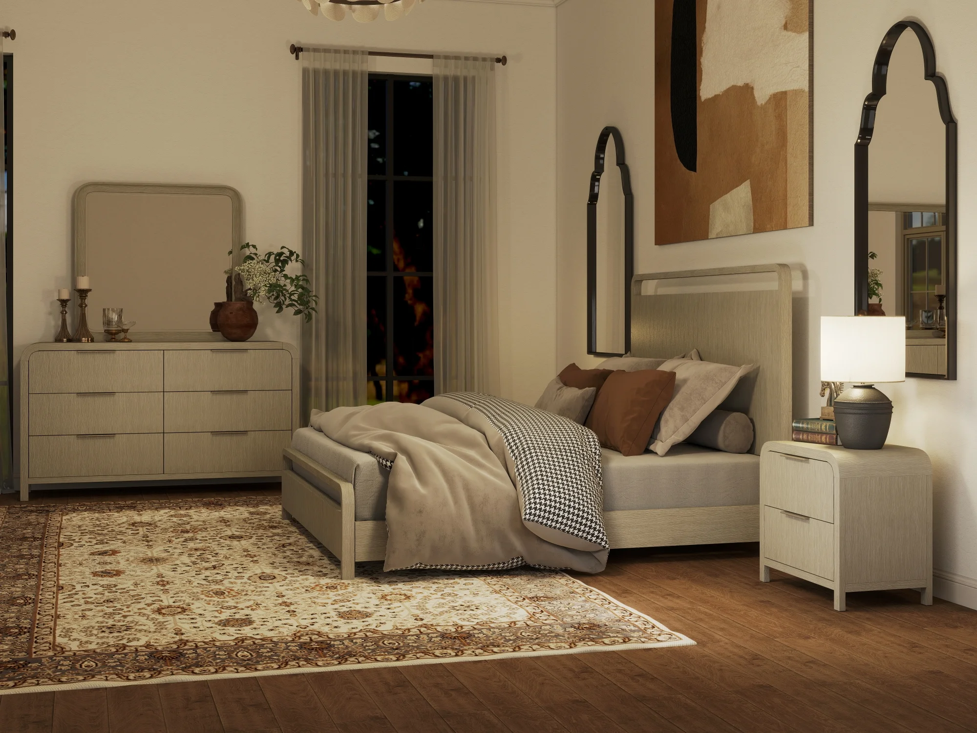 Roundhill Furniture Tavari 6-Piece Bedroom Set with Panel Bed, Dresser, Mirror, Two Nightstands, and Chest in Light Gray, King Size