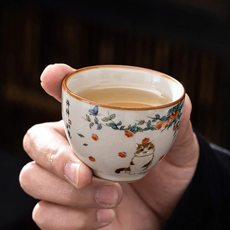 Buddha Stones Cute Cat Butterfly Teacup Kung Fu Tea Cup