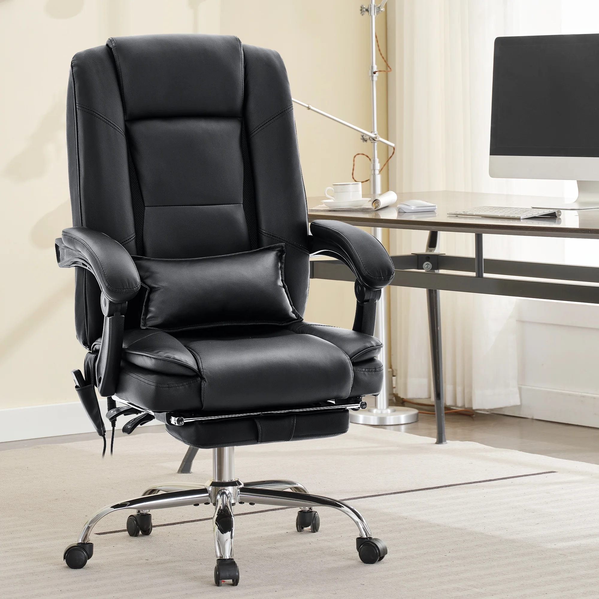 JONPONY Big and Tall Office Chair 500LBS Executive Office Chair Massage and Footrest Ergonomic Computer Desk Chair Reclining High Back Leather Office Chair Lumbar Back Support Swivel Rolling,Black