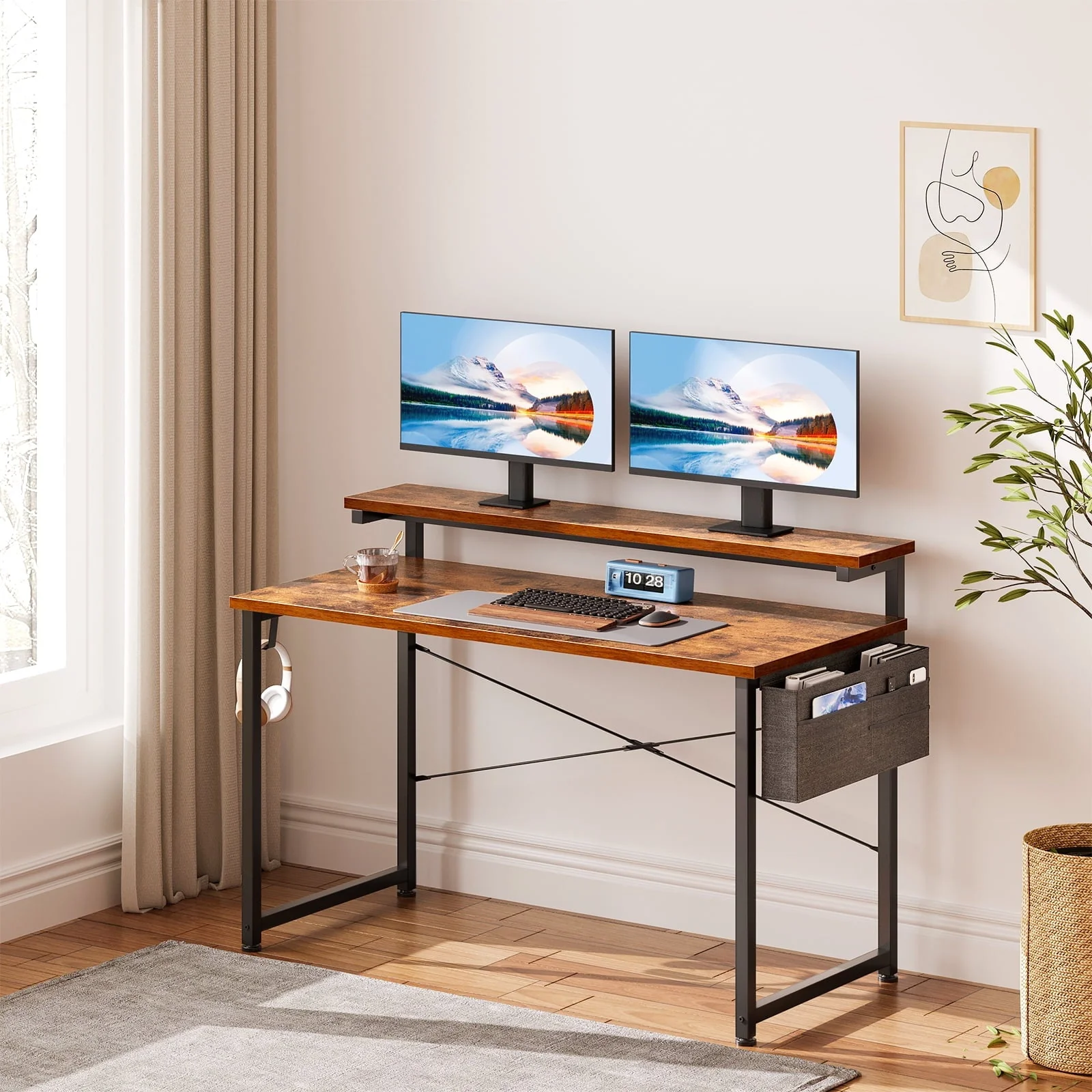 Computer Desk with Adjustable Monitor Stand(3.9”, 5.1”, 6.3”), 48 inch Home Office Desk with Storage Bag, Simple Modern Style Laptop Desk for Small Space, Vintage