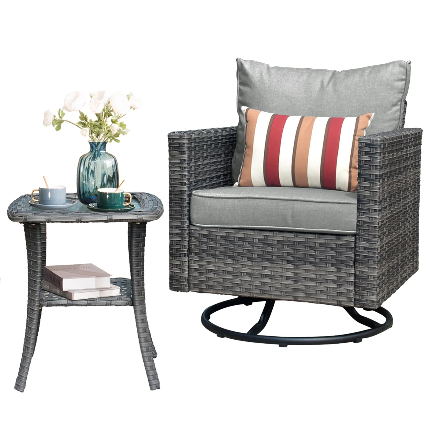 Ovios 6 Pieces Outdoor Patio Furniture Set with Gas Propane Fire Pit Table Wicker Outdoor Conversation Set with Swivel Rocking Chair for Backyard, Cushion Beige