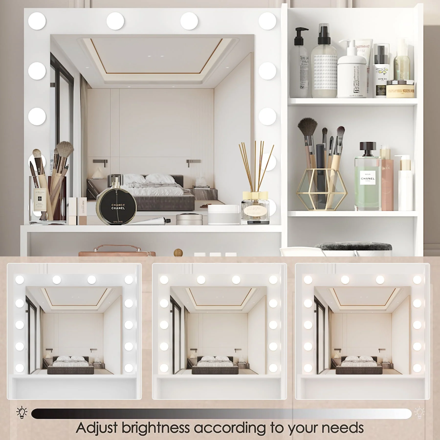 Palimder Vanity Desk, Large Drawer & 3 Level Storage Dresser, Bedroom Dressing Table White