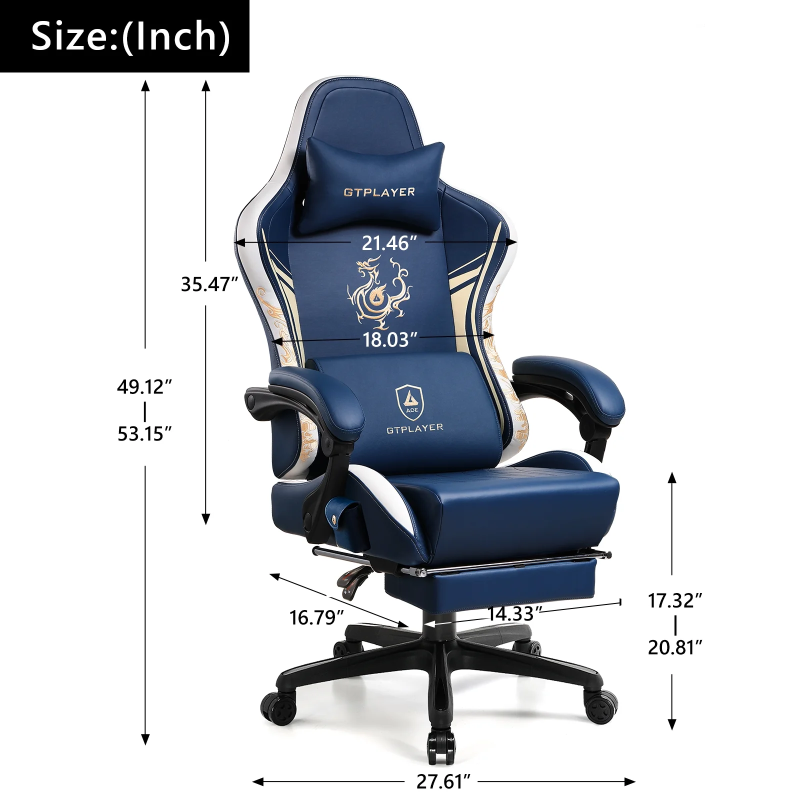 GTPLAYER Gaming Chair with Bluetooth Speakers and Footrest Office Desk Chair, Blue