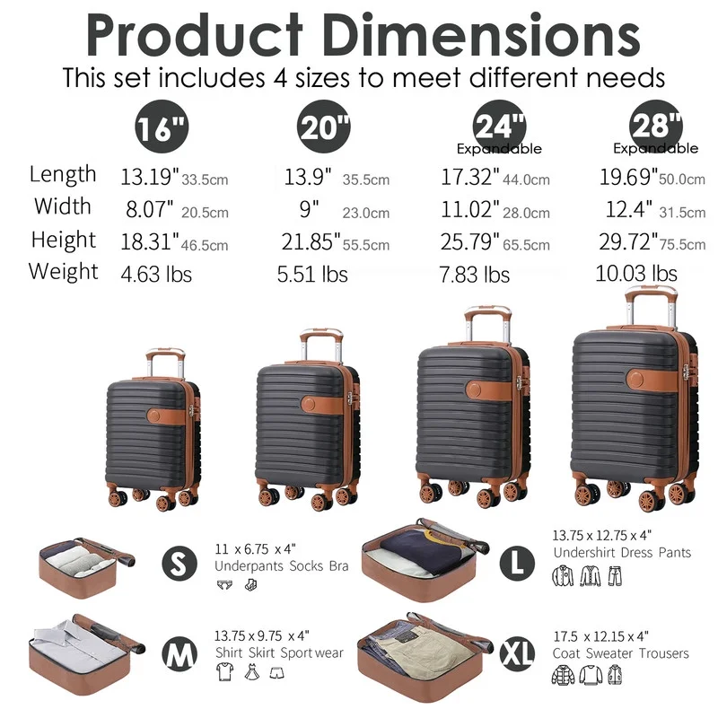 EBQOSK 4PCS Carry On Expandable Luggage Set with 4 Packing Cubes, 16/24/26/28 Inch Three-layer ABS Composite Suitcases with TSA Lock & 360°Spinner Wheels for Family Travel, Expand 25% Space Brown