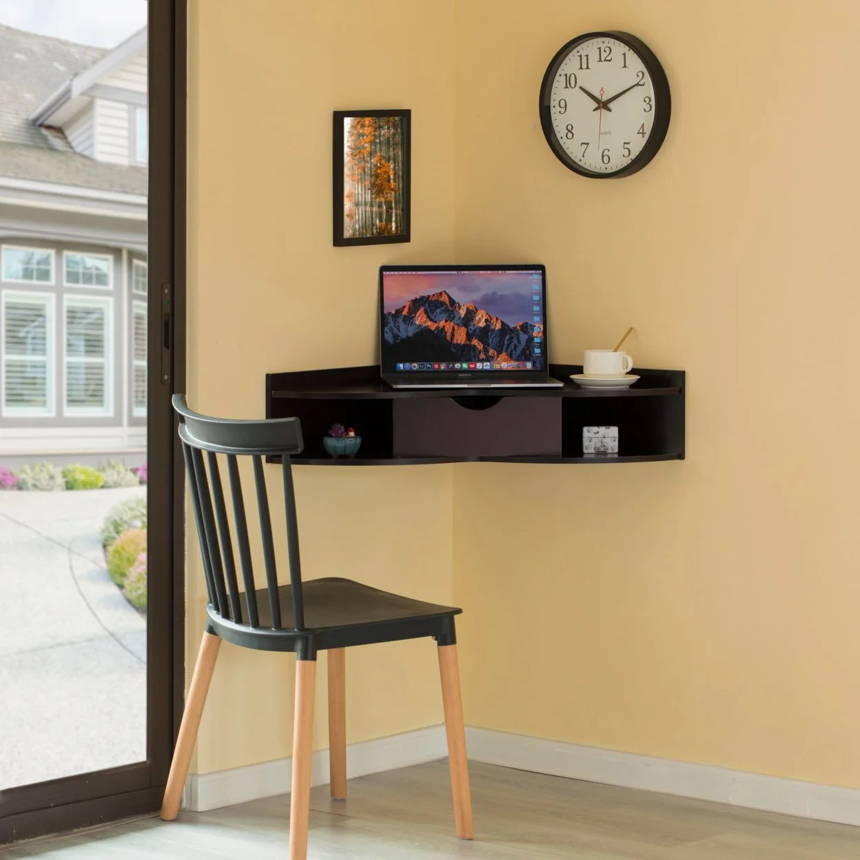 Corner Desk Heart  Shaped Wall Mounted Office Table with Drawer and Two Shelves Computer Writing Desk