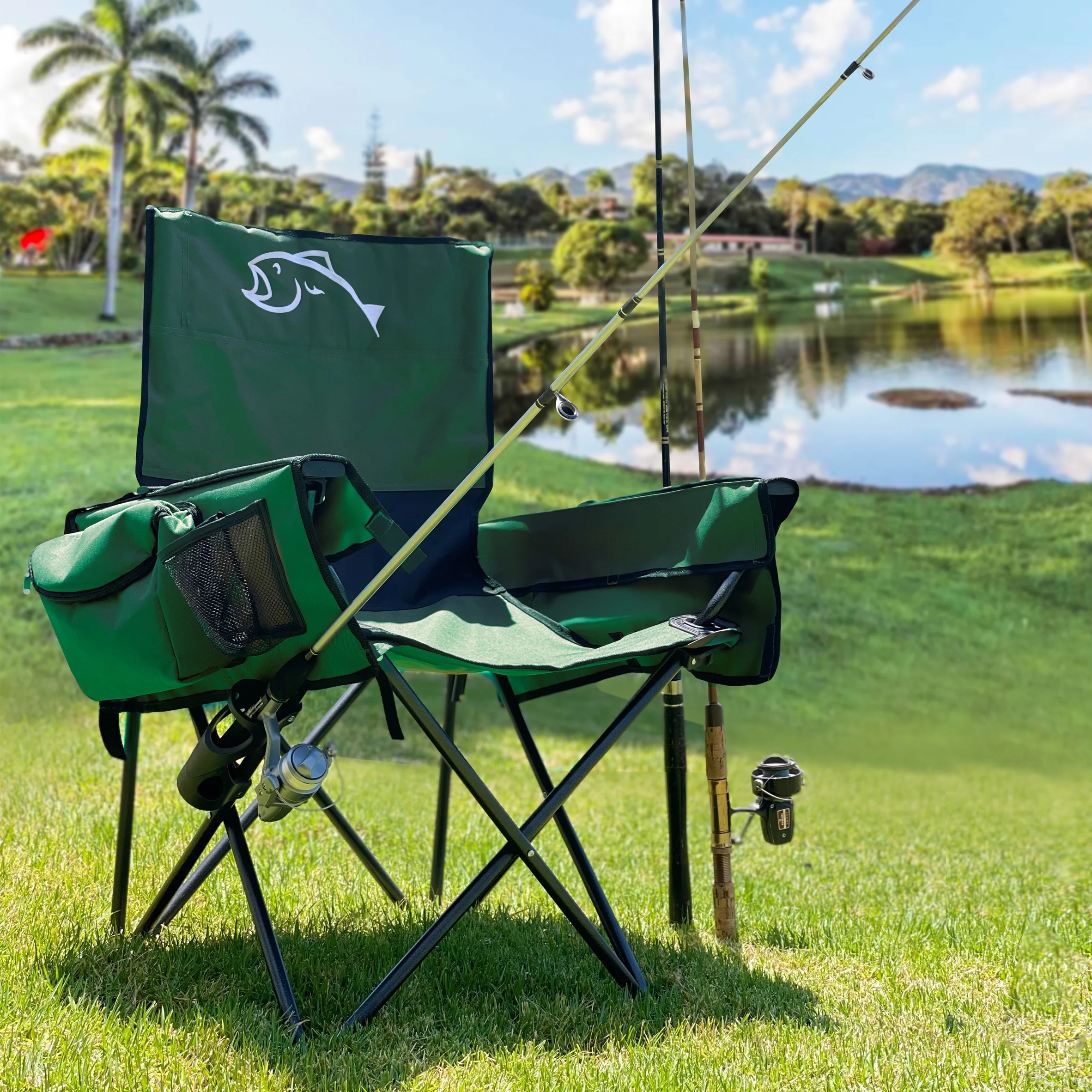 Fishing Chair with Rod Holder  Built In Cooler  Hands Free Fishing Pole Holder - Storage Pouch  Storage Bag for Fishing Accessories  Full Size Portable & Folding  Ruler for Measuring Fish