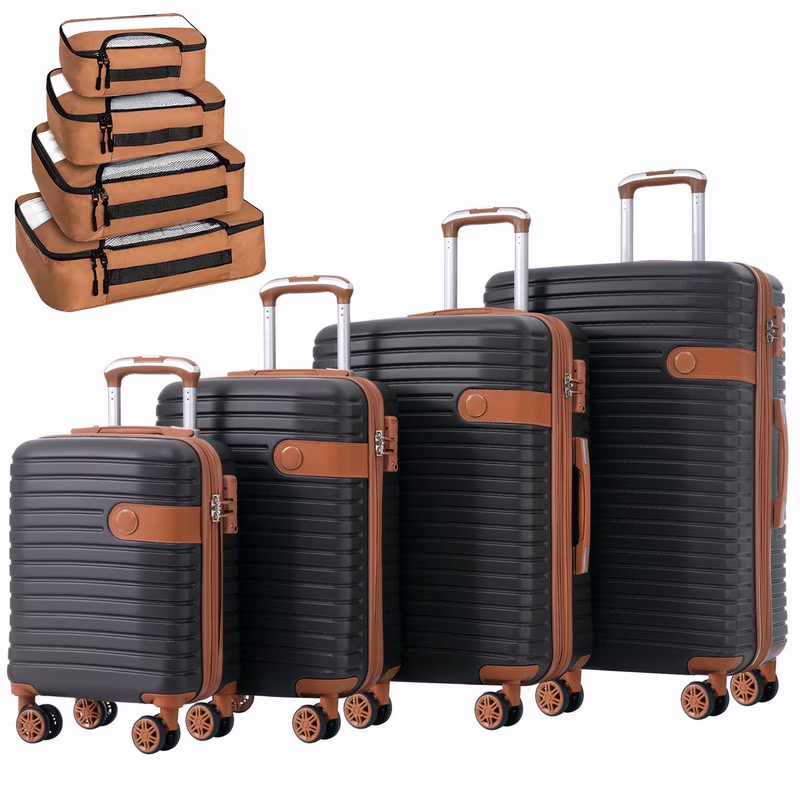 EBQOSK 4PCS Carry On Expandable Luggage Set with 4 Packing Cubes, 16/24/26/28 Inch Three-layer ABS Composite Suitcases with TSA Lock & 360°Spinner Wheels for Family Travel, Expand 25% Space Brown