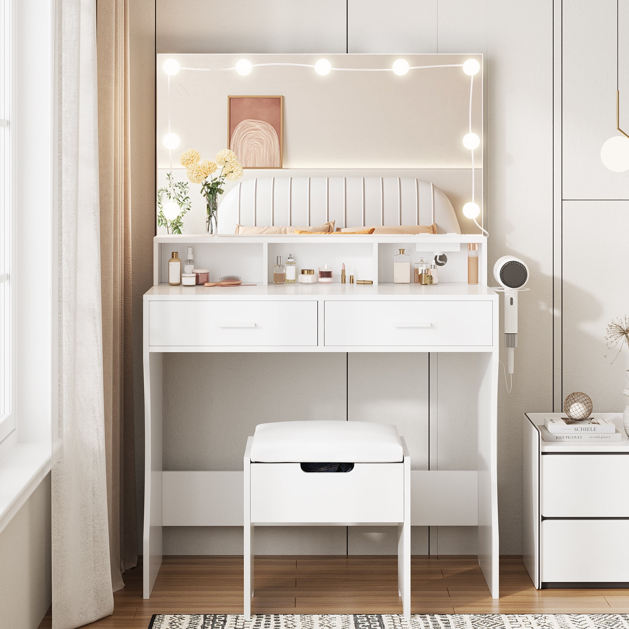 Modern Vanity Table Set with Lighted Mirror,Makeup Table with 2 Drawers & Power Strip,Dresser Desk for Girls, Women, White