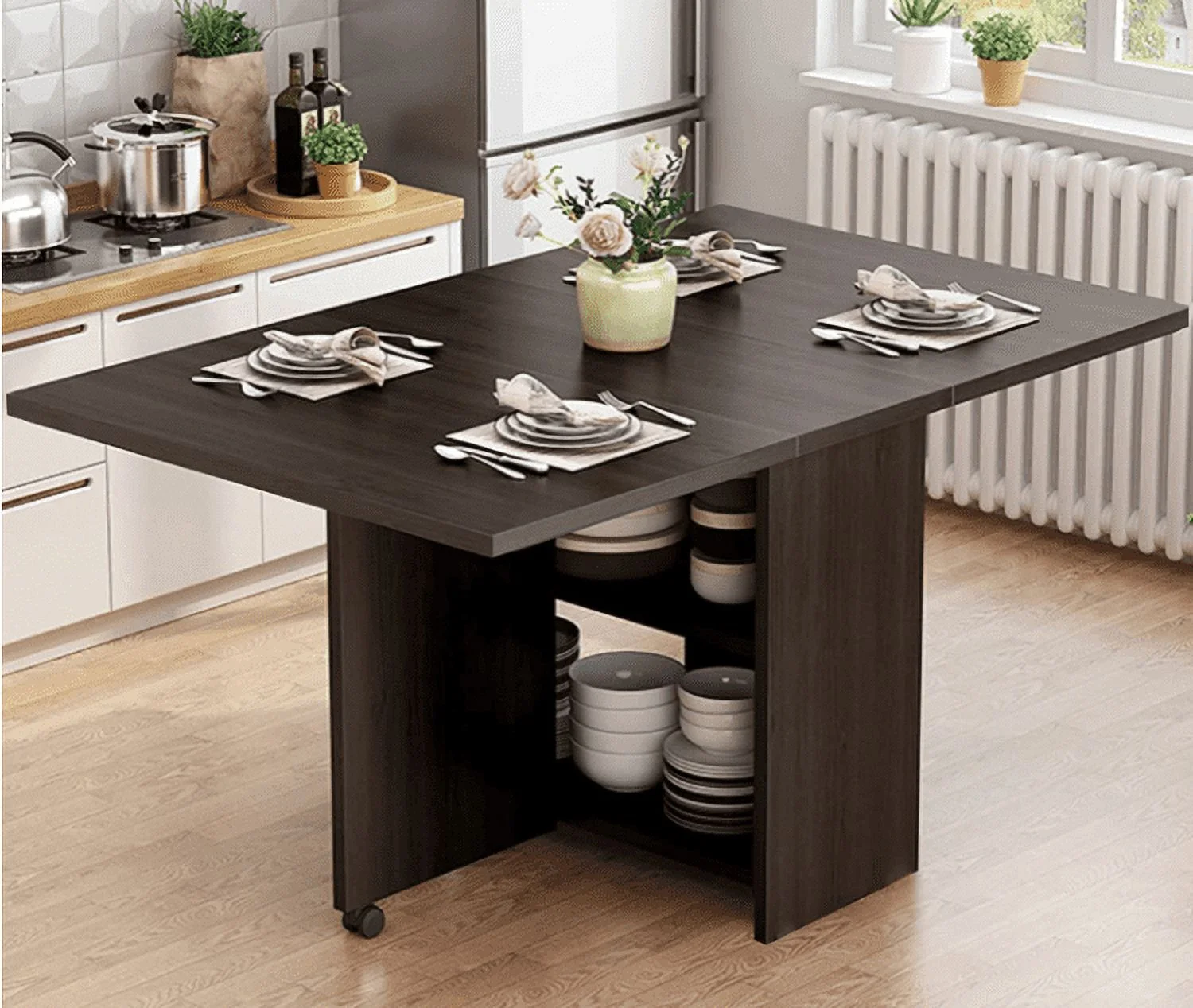 Danolapsi Folding Dining Table,Dinner Table with Wheels and 2-Layer Storage Shelf,Farmhouse Wood Kitchen Dining Room Tables Set for 4, Expandable Rectangle Dinner Kitchen Office Furniture