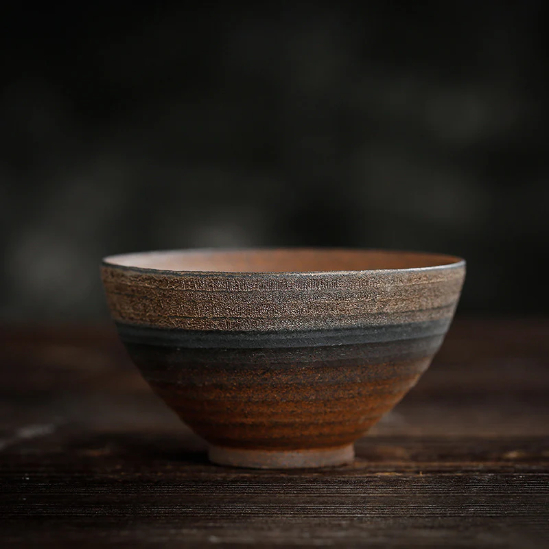 Buddha Stones Simple Brown Striped Texture Ceramic Teacup Kung Fu Tea Cup Bowl