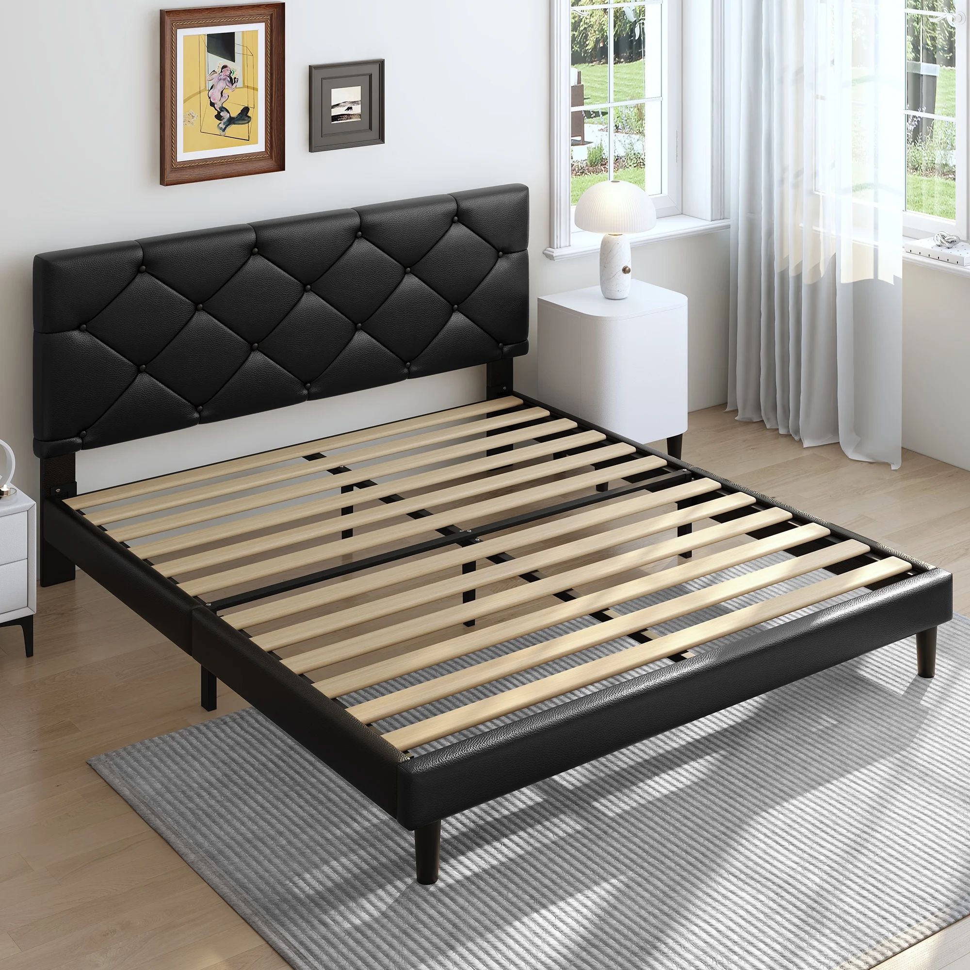 UHOMEPRO Upholstered Platform Queen Bed Frame with Headboard, Modern Black Faux Leather Queen Bed Frame with Wood Slat Support, Mattress Foundation for Adults Teens, No Box Spring Needed