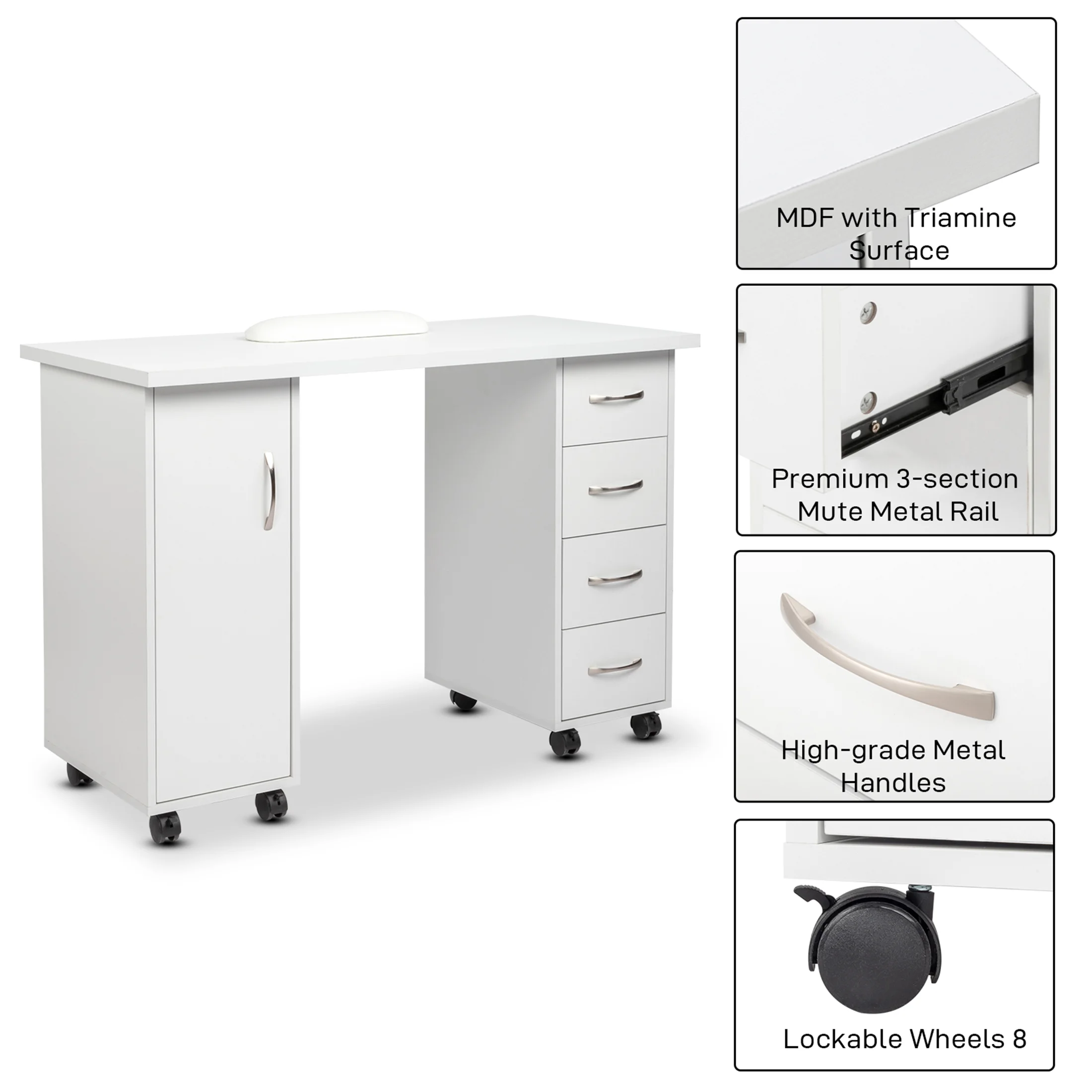 Sesslife White Computer Desk, Writing Desk with Lockable Wheels???Modern Wood Study Desk with 4 Drawers for Home Office Workstation
