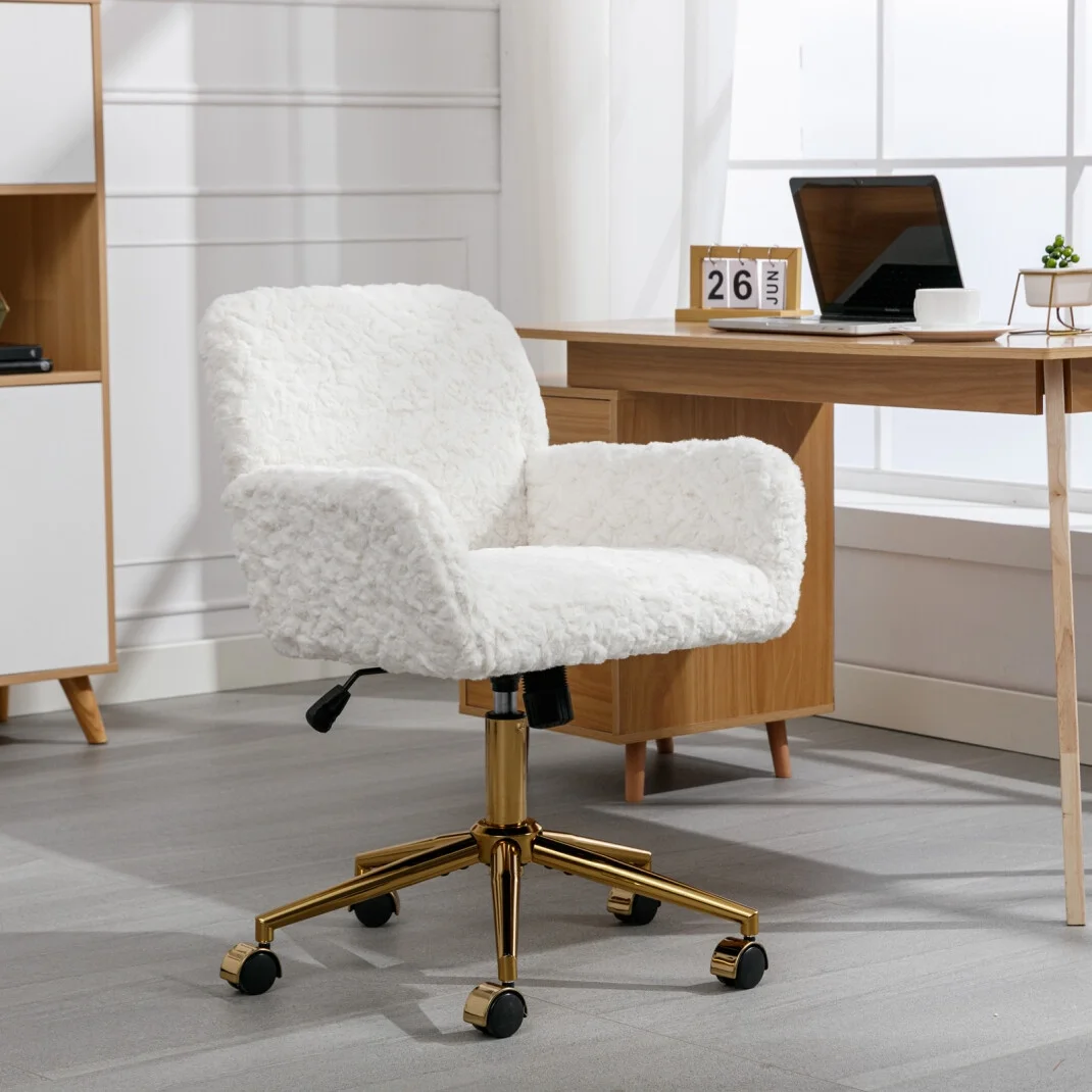 Furniture Office Chair,  Artificial Rabbit Hair Makeup Vanity Chair Chair, 360 Comfy Swivel Armchair with Wheels, Modern Height Adjustable Cute Vanity Chair for Living Room Small Spaces Pink