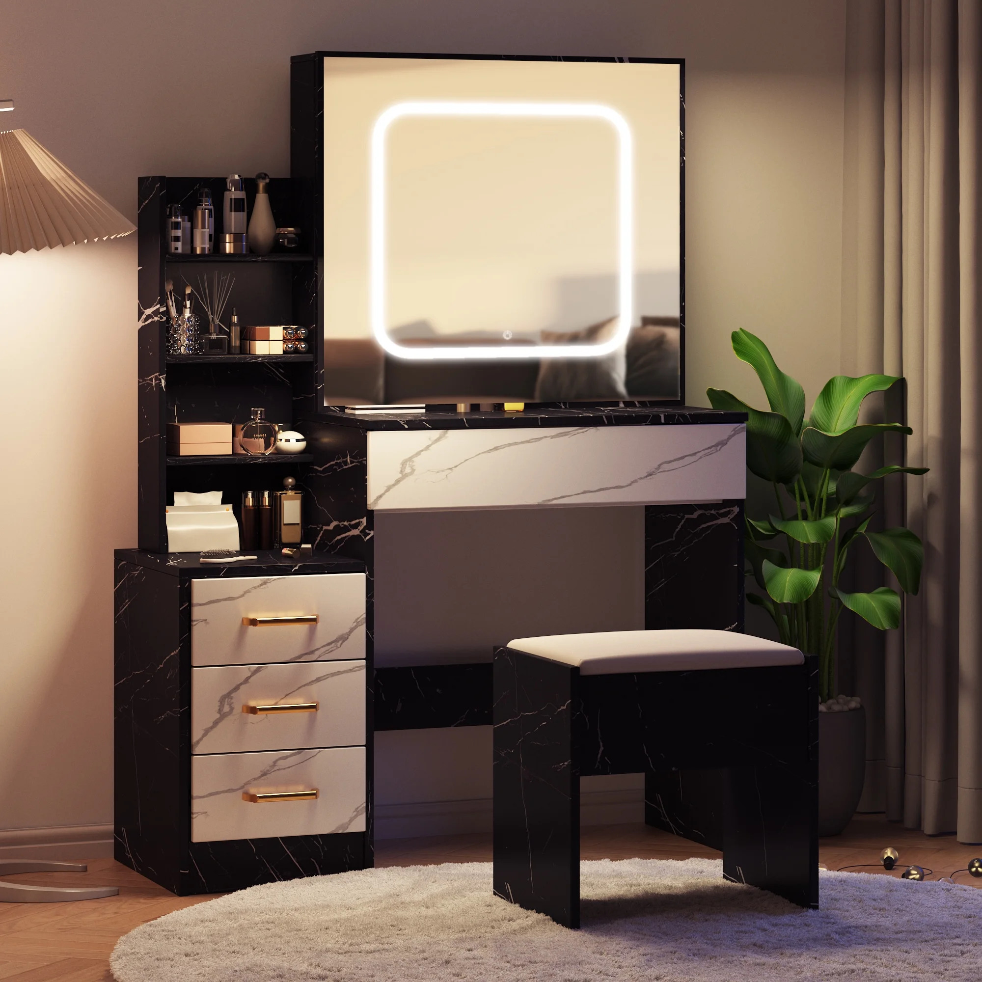 Vanity Desk with Sliding Mirror and Lights, Makeup Vanity Set with 4 Drawers, Stool, Power Outlet, Open Shelves, 3 Color Adjustable Lighting Modes, Makeup Dressing Table for Bedroom, White