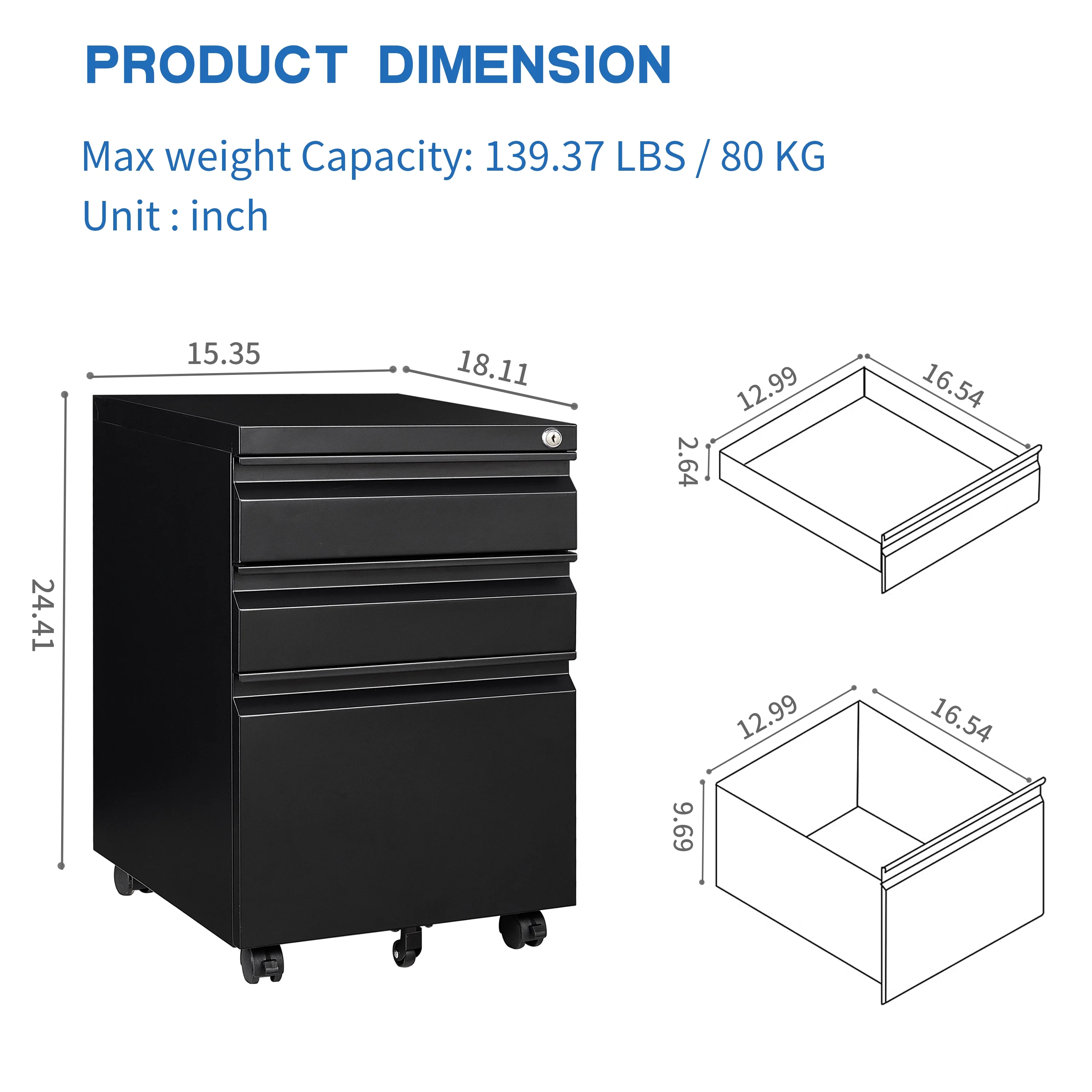 3-Drawer Mobile File Cabinets Rolling Metal Filing Cabinet for Legal & Letter File Anti-tilt Design with Lock Under Desk Office,Black