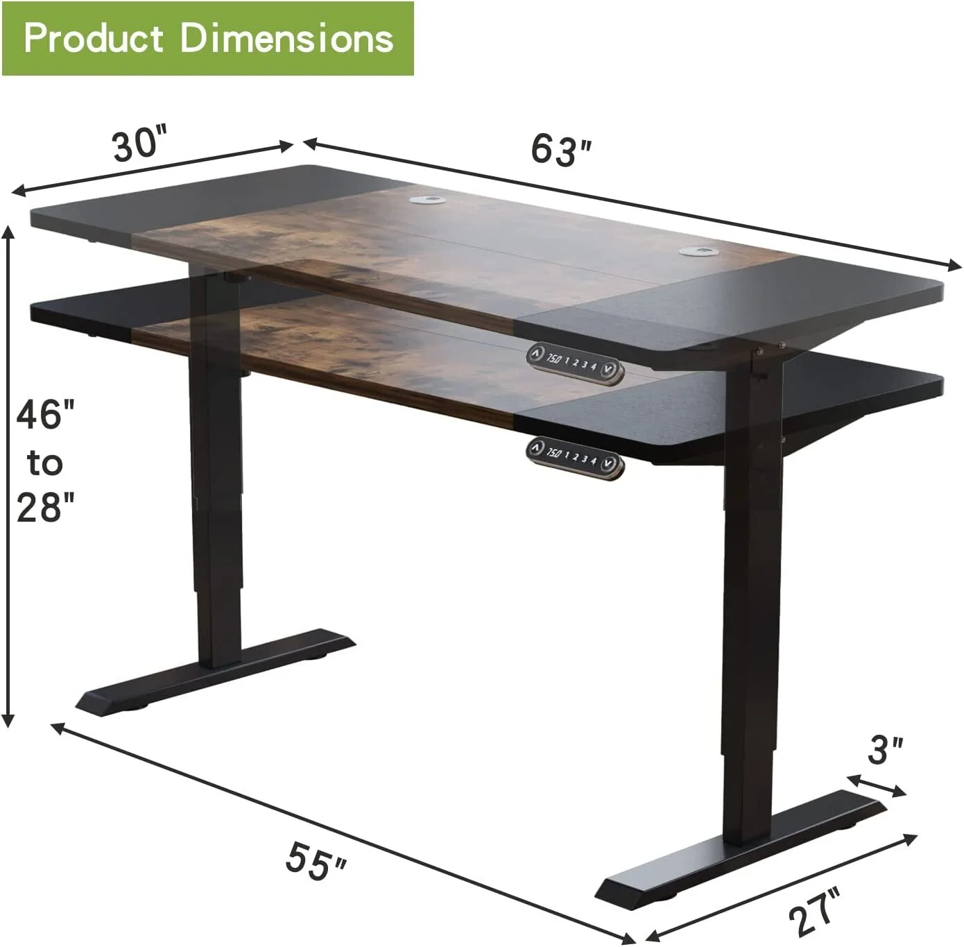 Electric Height Adjustable Standing Desk CometMin 63x 30 Inches Stand Up Desk Workstation Splice Board Home Office Computer Standing Table Ergonomic Desk (Black+ Brown, 63x30'')