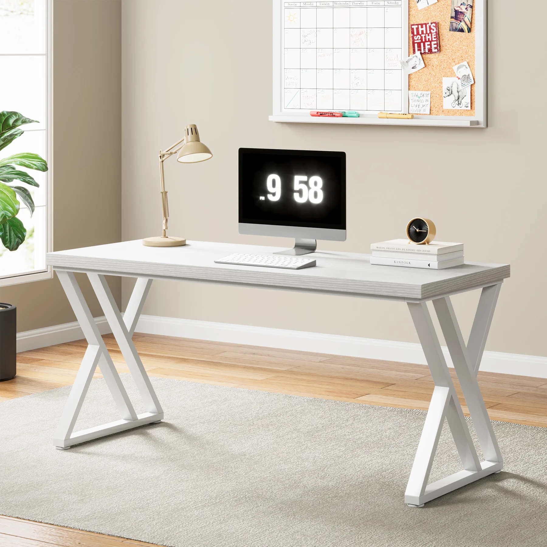 Heavy Duty Study Desk with Z-Shaped Metal Leg, Modern Simple Home Office Computer Desk, Rustic Brown