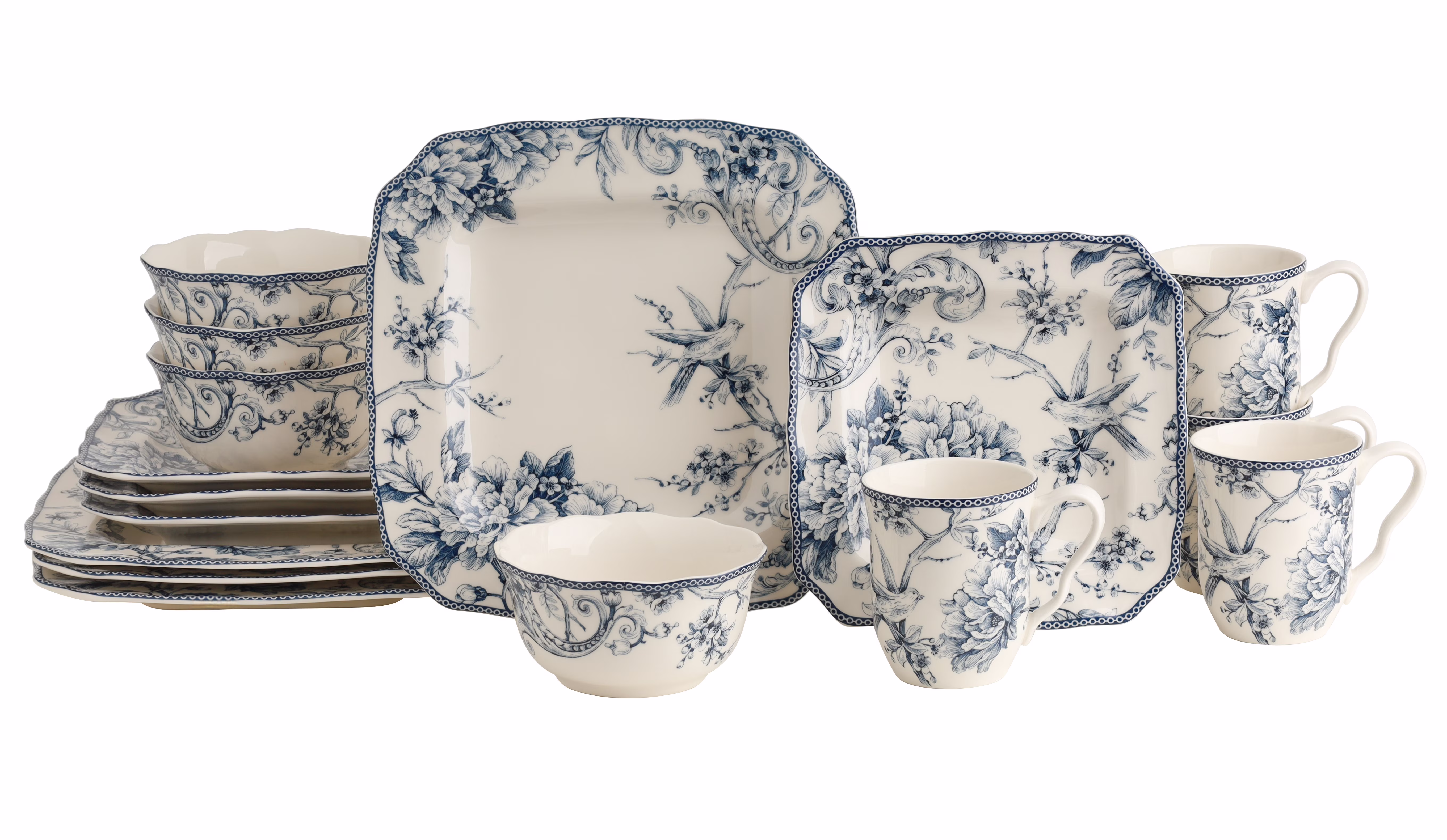 222 Fifth Adelaide Round 16-Piece Porcelain Dinnerware Set, Black Toile