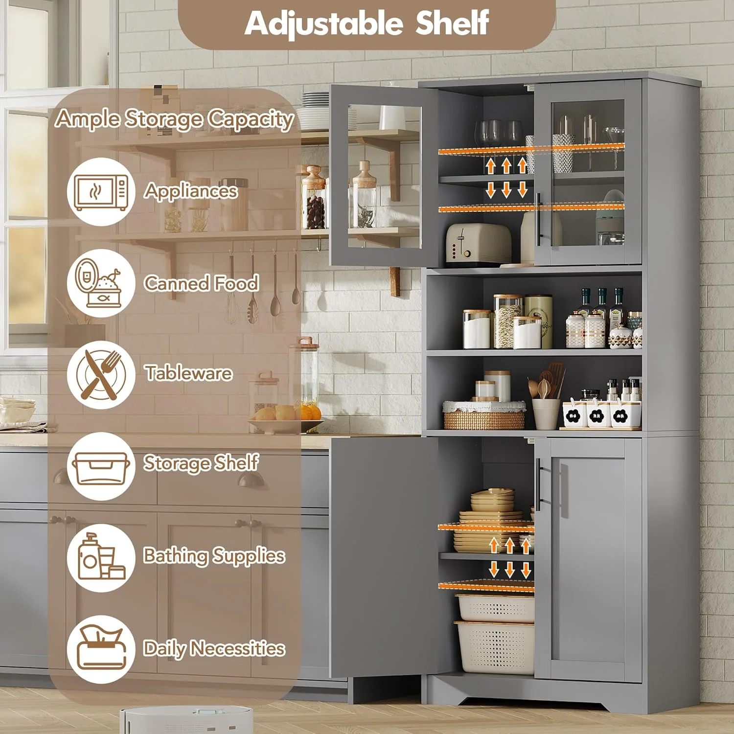 Studyset Tall Bathroom Cabinet, Freestanding Bathroom Storage Cabinet with Glass Doors and Adjustable Shelves, 67