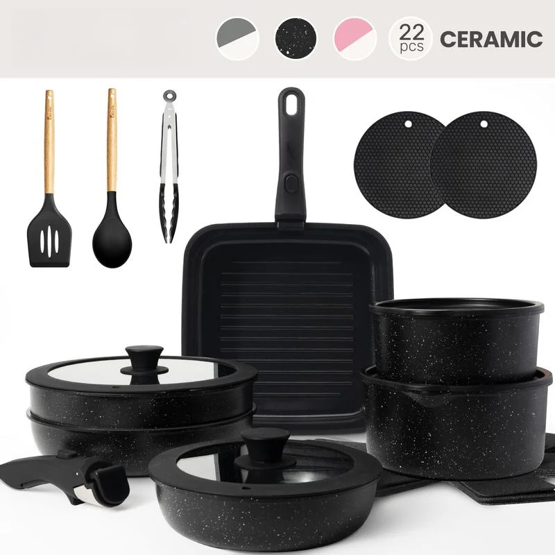 Non-Toxic Nonstick Ceramic 22 pcs pots and pans set complete Cookware Set with Lids,Detachable Handle,PFAS-Free,Dishwasher Oven Safe,Kitchen Outdoorfun Induction Compatible