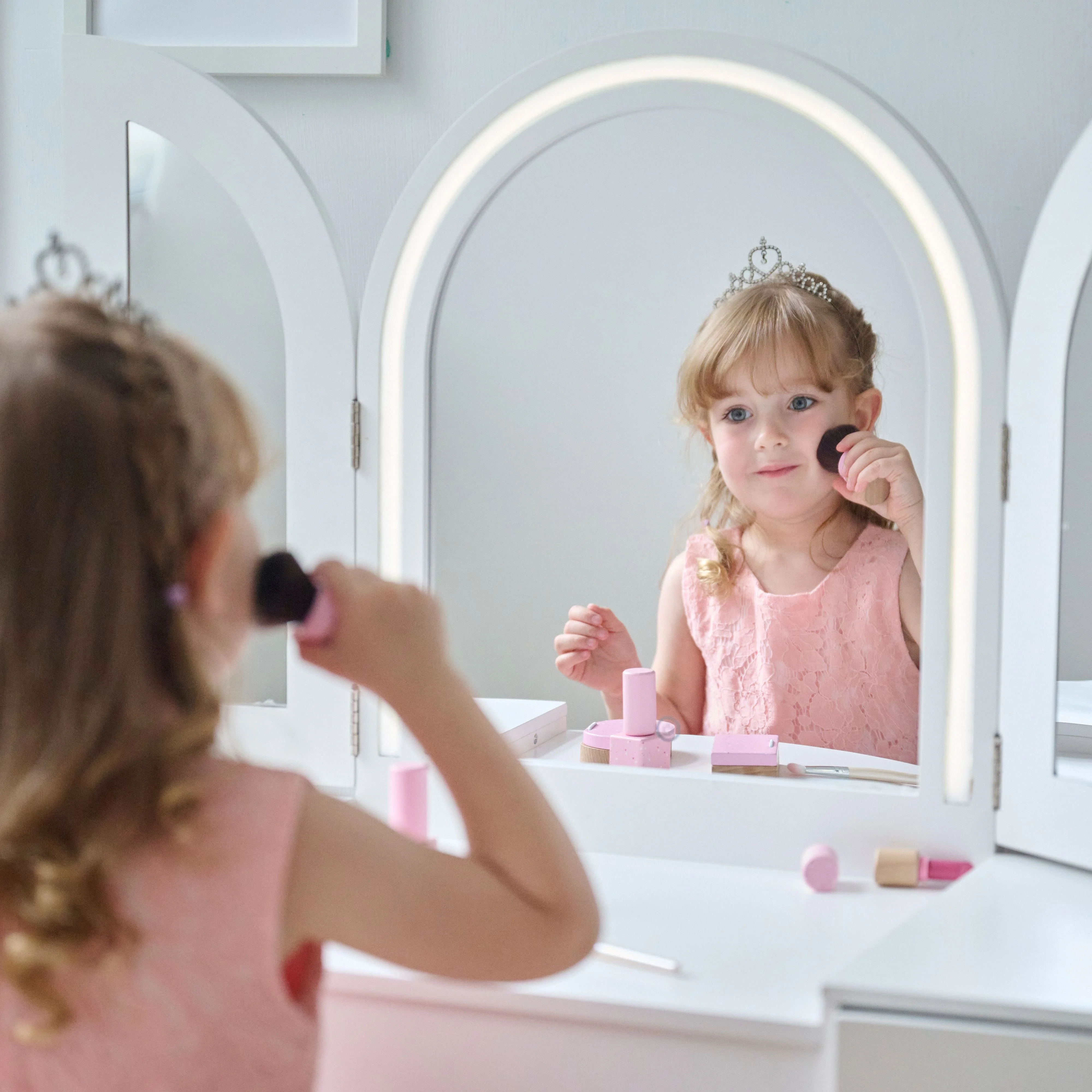 Teamson Kids 2-in-1 Wooden Vanity and Desk with LED Lights, Mirror & Stool �C Dual Purpose Play Makeup Vanity and Desk, Pretend Play for Girls Ages 3+