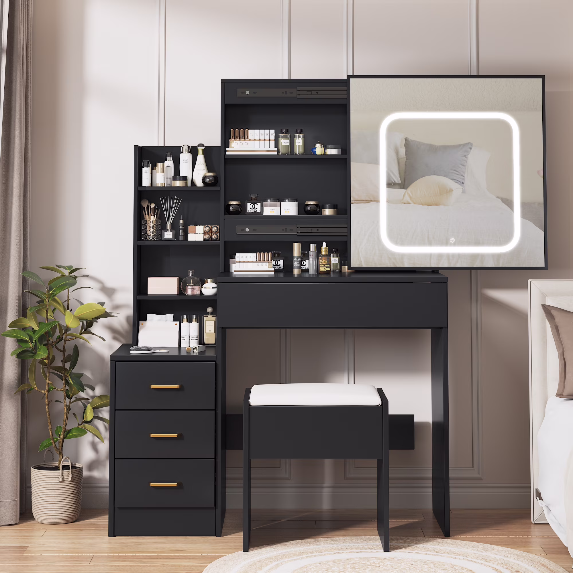 Vanity Desk with Sliding Mirror and Lights, Makeup Vanity Set with 4 Drawers, Stool, Power Outlet, Open Shelves, 3 Color Adjustable Lighting Modes, Makeup Dressing Table for Bedroom, White