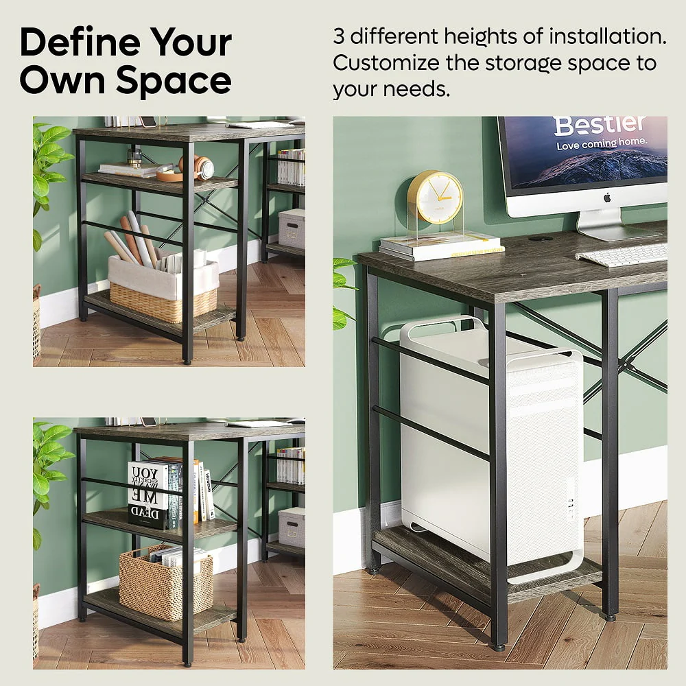 Bestier 95.5 inches L-Shaped Corner Computer Desk with Shelves Long Table in Grey