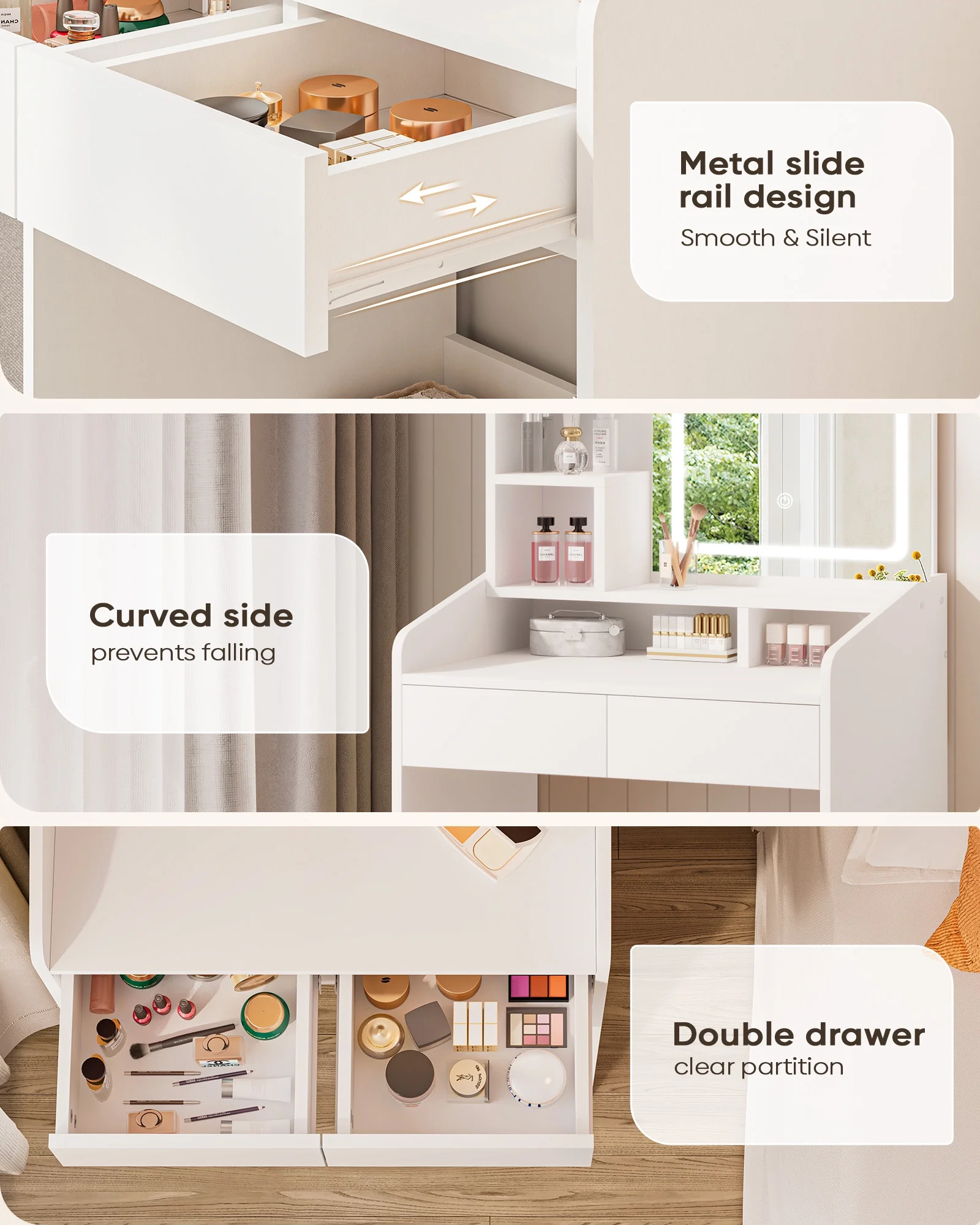 LIVELYGLOW Vanity Desk Set with Square Mirror and Light- Small Vanity Table with Drawers- White