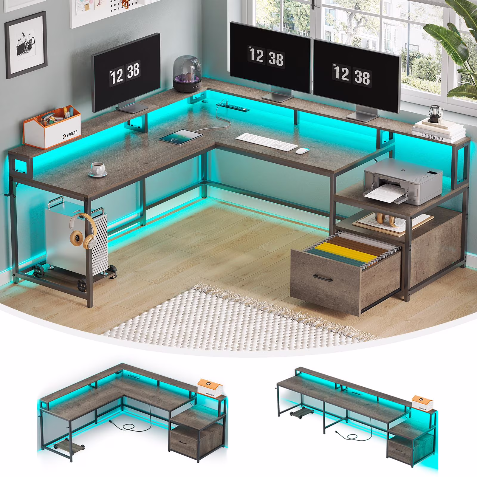 L Shaped Desk with Power Outlet and LED Lights, Corner Computer Desk with File Drawer for Home Office,  Gaming Desk,  Rustic Brown